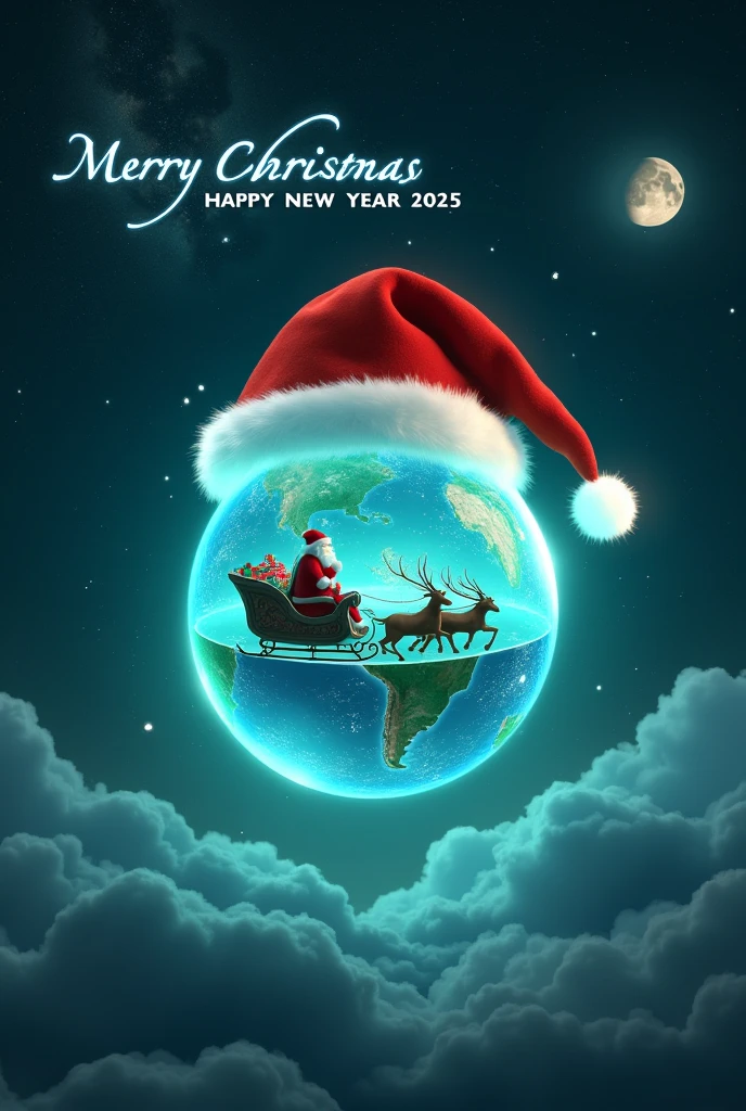 futuristic, digital, a large red Santa hat, complete with a fluffy white trim, perched atop a bright, transparent glowing blue-green planet, the crystal earth. 

the floating Earth is in nighttime with brightly lit cities across the continents. Above the image, the words Merry Christmas & Happy New Year 2025 appears in a glowing, elegant font, blending seamlessly with the cosmic theme. 
Beneath the floating planet, floating earth, the tiny silhouette of horned animals pulls a classic sleigh filled with wrapped gifts, with someone sitting on it, seemingly Santa Claus, soaring across the planet's surface.. Background is cosmic, galaxy, milky way with planets of varying sizes, including Jupiter, Saturn, and others, with the Moon in the upper right third of the photo, enhancing the beauty of the earth - the main subject of the photo, glowing brightly with a radiant and sparkling effect, glowing fairy lights are scattered throughout the design