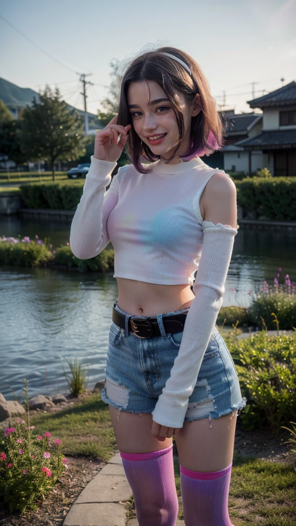 highest quality, masterpiece, Ultra-high resolution, (Realistic:1.4), (Close-up portrait) RAW Photos,21 years old gal((I'm showing my teeth and smiling)),((Big smile)),((look up)),((Passionate pink haired girl )),((wearing oversized white t-shirt:1.4,very wet clothes:1.3))
(wearing denim shorts:1.2)(Clothes that can come off)((short bun hair:1.2)),Realistic,((super smallest breast:1.3))((no bra))very slender.
((loose chest:1.4,loose waist:1.4))
(vivid blight Turquoise-blue eyes:1.2)earrings.temptation.
(i can see her armpit a little:1.3)
(((angle from above:1.3)))
(spread her legs very wide:1.5)