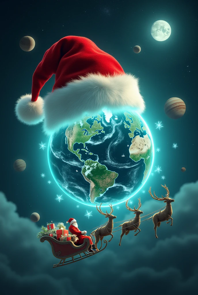 futuristic, digital, a large red Santa hat, complete with a fluffy white trim, perched atop a bright, transparent glowing blue-green planet, the crystal earth. 

the floating Earth is in nighttime with brightly lit cities across the continents. Above the image, the words Merry Christmas & Happy New Year 2025 appears in a glowing, elegant font, blending seamlessly with the cosmic theme. 
Beneath the floating planet, floating earth, the tiny silhouette of horned animals pulls a classic sleigh filled with wrapped gifts, with someone sitting on it, seemingly Santa Claus, soaring across the planet's surface.. Background is cosmic, galaxy, milky way with planets of varying sizes, including Jupiter, Saturn, and others, with the Moon in the upper right third of the photo, enhancing the beauty of the earth - the main subject of the photo, glowing brightly with a radiant and sparkling effect, glowing fairy lights are scattered throughout the design