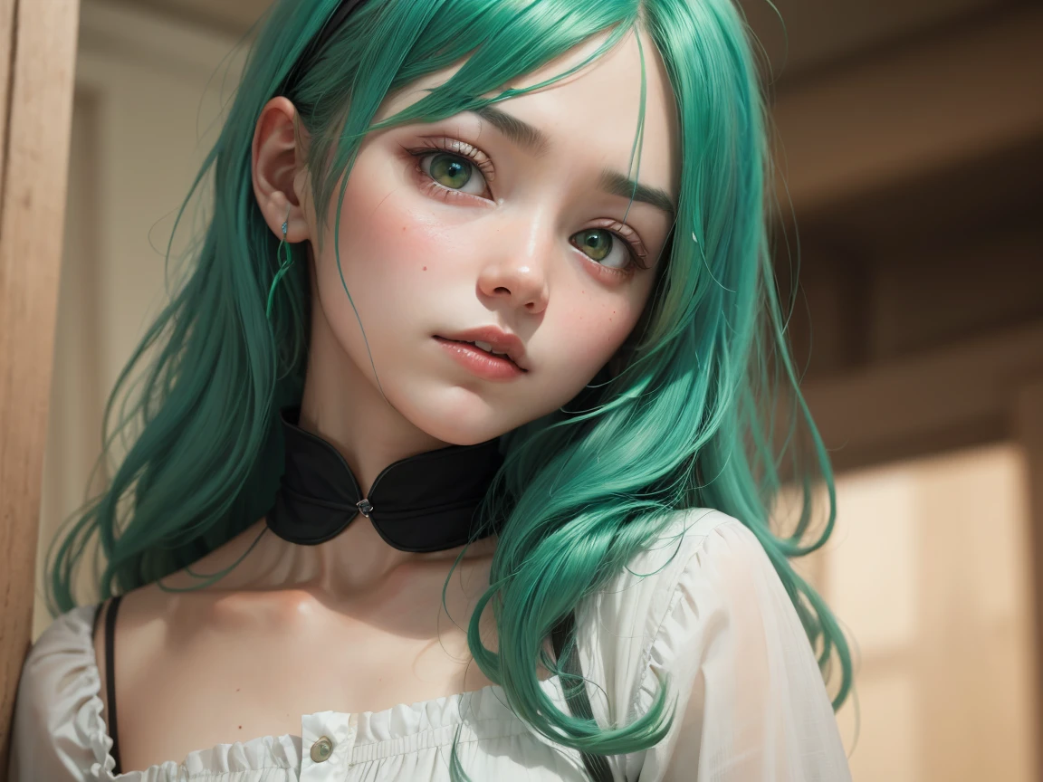 a girl with green hair, anime style, close up, , green hair, green eyes, long hair, jewelry, portrait, earrings, collarbone, bangs, parted bangs, eyelashes(eye arts:0.7)(eyes arts:0.7)(uhd 4k eye:1.3)(detailed:1.2)(better hand:1.5)