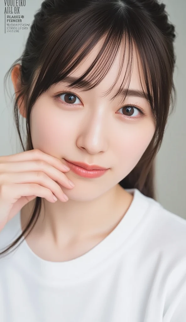 32K, masterpiece, masterpiece,  realistic ,  very detailed,    photos,  high res,  faces that Japanese men really like.,  Smoother Light  ,  Official Art,  The depth of the border written,  bright light, close,  detailed face , smile,  Beautiful Details in the Eyes , 19 years old Korean,  cute,  real skin texture deep into the night, T-Shirts,