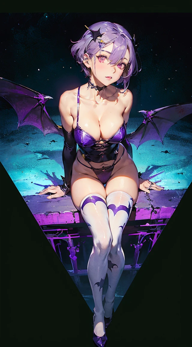 (background, distant view of a big city, night, neon),
(((Lilith at the metropolis from the top of the radio tower))),(((face looking at something strange)))(((sits))),(small chest:1.2), (purple very very short hair,pixie cut),( white fur trim:1.0),(red boot:0.9), girl, round tit,thin leg,thighhigh, ((standing)),(full body shot:1.2),red eyes, pantyhose,( bat print),leotard, short hair, head wings, red leotard, print legwear,animal print, bare shoulders, ( bridal gauntlets),(collarbone:1.4),(blue pantyhose),(Bear Shoulder:1.2),Extremely Thin Girl, emaciated girl, skeletal thighs, gaunt appearance, outlined collarbone, (pelvis),minimal flesh,lilith aensland,
,(((calmness))),((peacefulness)),  ((((High resolution, 8K, 4K, masterpiece, best quality, ultra high definition, professional quality, HD, crisp picture quality, sharp focus, rich contrast)))))), ((((Green background)))))), ((Solo, girl)), ((((Red eyes, narrow eyes, cold eyes, sunken eyes, white eyes))))), ((((Purple gothic, black gothic, white gothic, transparent outfit, detailed outfit, detailed decoration, multiple belts, multiple hairpins))))), ((((Choppy pixie cut, short shaggy hair, parted bangs, visible hair, hair above eyes, hair between eyes, short hair at back, (((Purple hair, purple hair, purple hair, purple hair, blue hair, white hair)))), purple tips)))), ((((Tanned skin, front, head, legs, whole body, ample breasts, cleavage, side boob, too skinny, too skinny))))