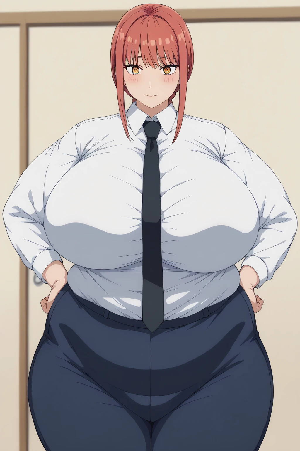 Makima, makima,  long hair、bangs、 shirt、 Long Sleeve , yellow eyes, white  shirt、 braided 、 thighs、Red Hair、 ties, collared  shirt、 black pants 、 window、black  ties, embarrassed expression, troubled expression,  giant areolas, futanari , Woman with a penis, gold ball,The shape of the penis is written on the pants, score_9, score_8_ up、 score_7_ up、 score_6_ up、 score_5_ up、 score_4_ up、 Masterpiece 、 top quality 、 very aesthetic、 absurd, source ,  anime screencap, one woman、Alone、 personal , Super huge breasts, ((( super huge clevis、Super huge, Super huge boob))), Curvy、 chubby、Mature Woman,  obese 、