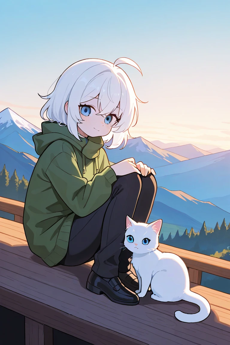 chica, white hair, blue eyes, landscape background on a mountain and a wooden cabin with beautiful and detailed skies,And a winged white cat of the girl ,