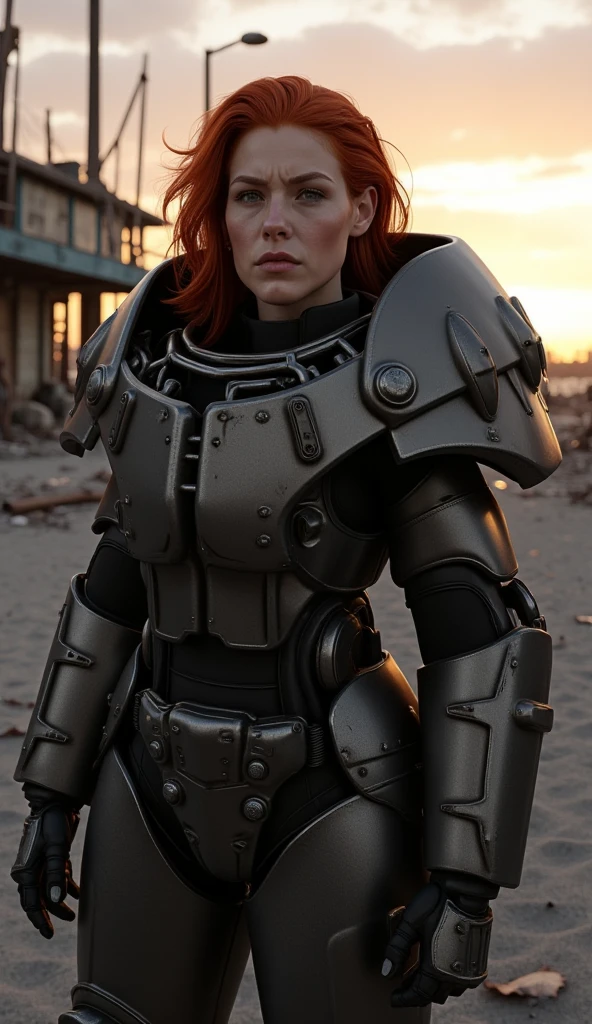 Imagine an image in the style of dramatic cinematic photorealism focussed on the face of a beautiful redheaded woman wearing Enclave power armor stands alone on an abandoned seaside attraction under a setting sun. The fading light reflects off its smooth black plates, highlighting every dent and scratch.