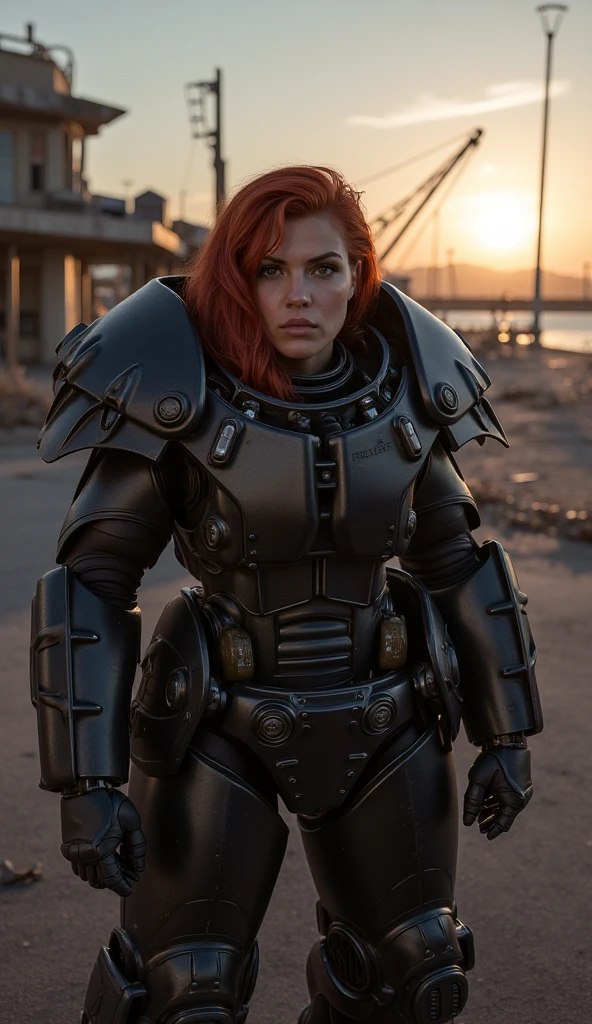 Imagine an image in the style of dramatic cinematic photorealism focussed on the face of a beautiful redheaded woman wearing Enclave power armor stands alone on an abandoned seaside attraction under a setting sun. The fading light reflects off its smooth black plates, highlighting every dent and scratch.