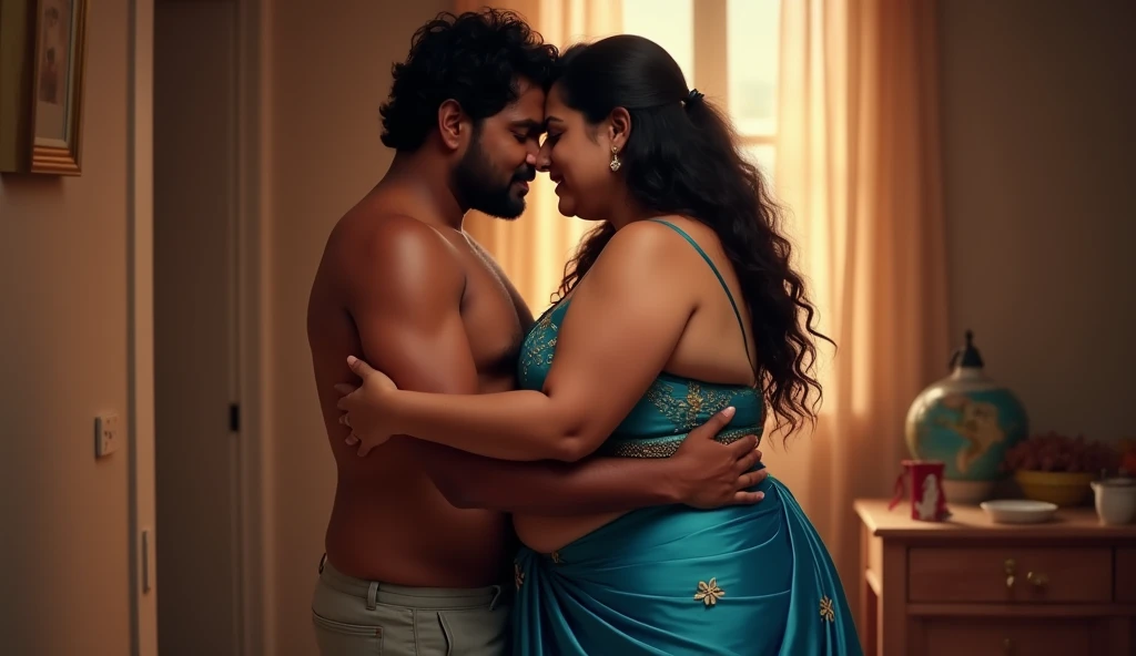 a 50-year-old shirtless man affectionately hugging and kissing aradiant, full-figured South Indian plus-sized 30 year old teacher wearing a cream silky saree in bed room, captured in a full-body image with vibrant hues and meticulous details. Full body image