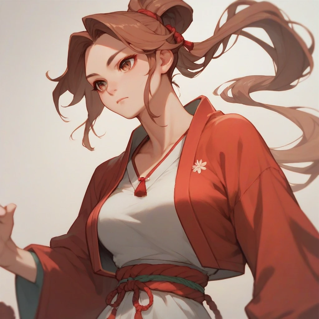 A girl with fair skin, long brown hair tied into a tight, high topknot style, accompanied by a waist-length ponytail with parted bangs, brown eyes, as she wears a red and white Kunoichi dress