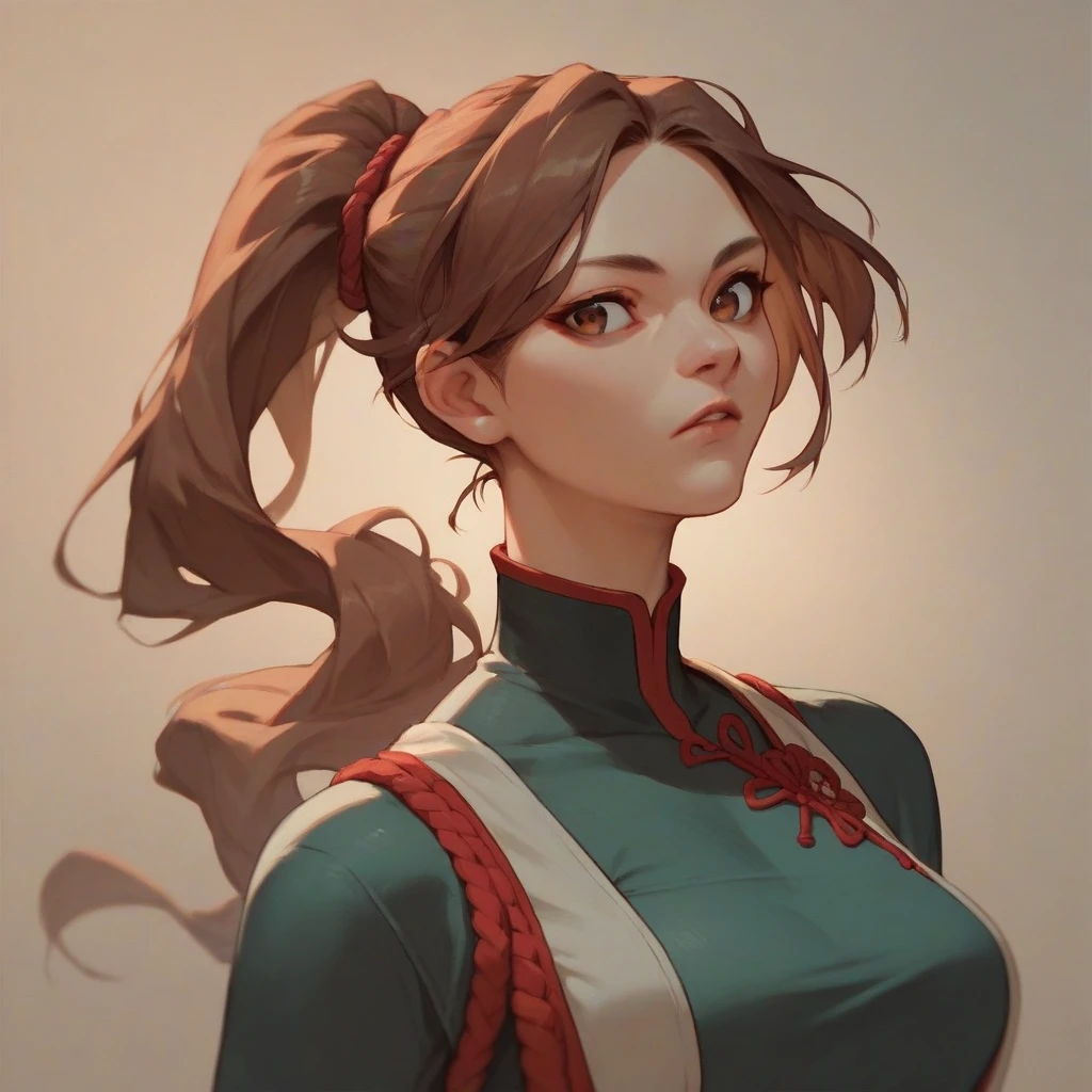 A girl with fair skin, long brown hair tied into a tight, high topknot style, accompanied by a waist-length ponytail with parted bangs, brown eyes, as she wears a red and white Kunoichi dress