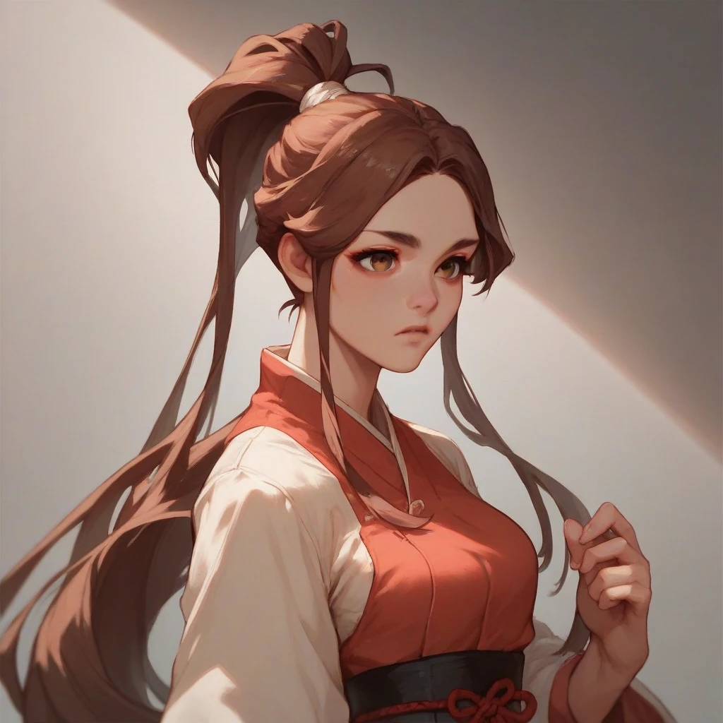 A girl with fair skin, long brown hair tied into a tight, high topknot style, accompanied by a waist-length ponytail with parted bangs, brown eyes, as she wears a red and white Kunoichi dress