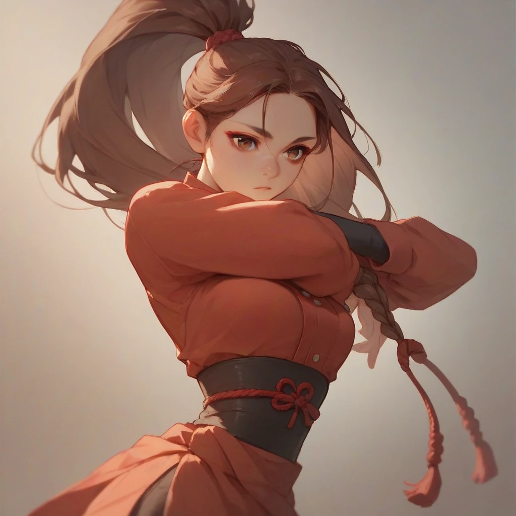 A girl with fair skin, long brown hair tied into a tight, high topknot style, accompanied by a waist-length ponytail with parted bangs, brown eyes, as she wears a red and white Kunoichi dress