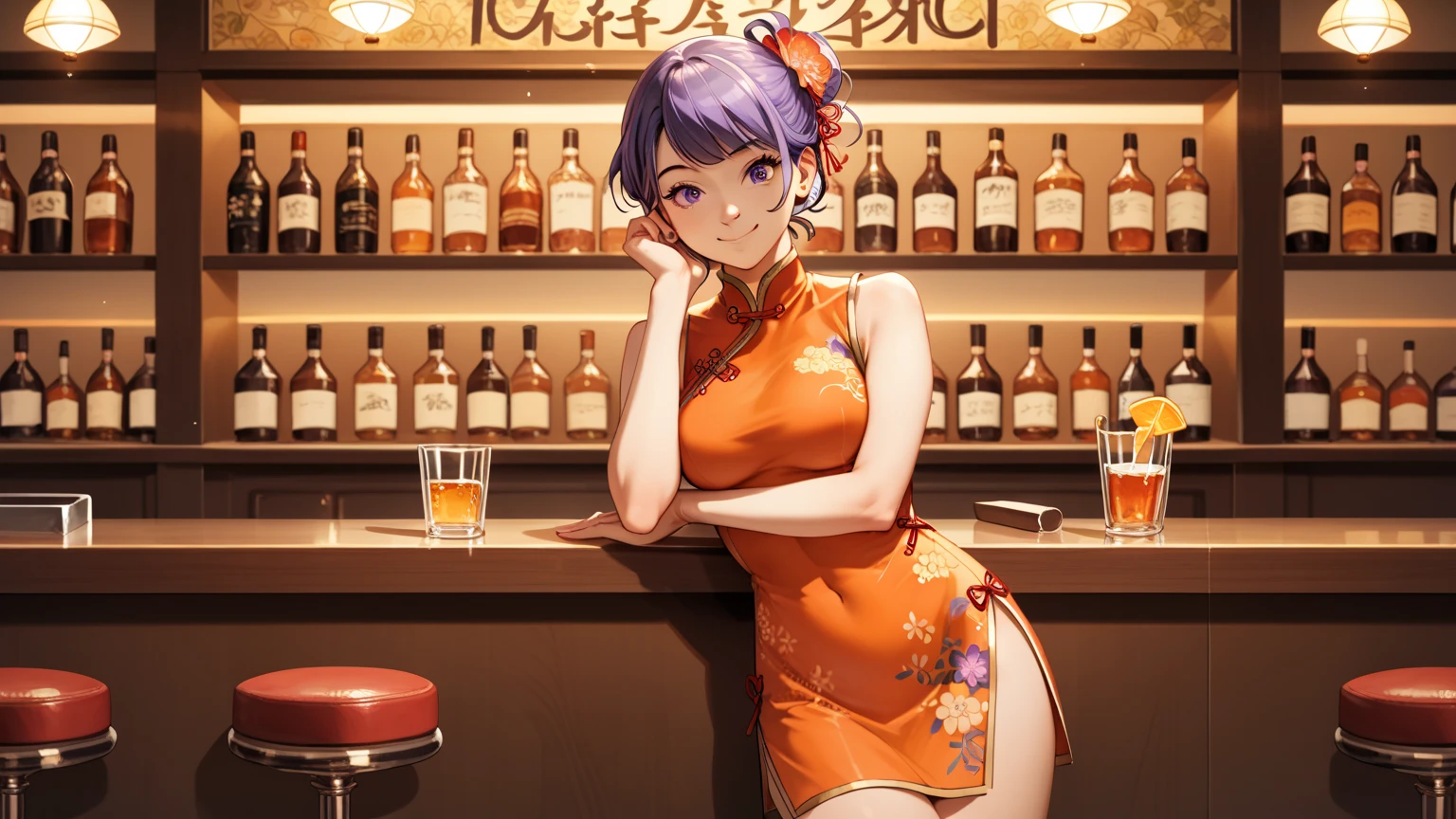 rating_safe, score_9, score_8_up, score_7_up, source_anime, masterpiece, best quality, solo, 1girl, wondering face, firm breasts(she is wearing orange hugging cheongsam and pastel purple floral) ( standing cross legs on bar counter, cowboy shot view) , lough bar Tokyo, (Japan), best quality, 8k,