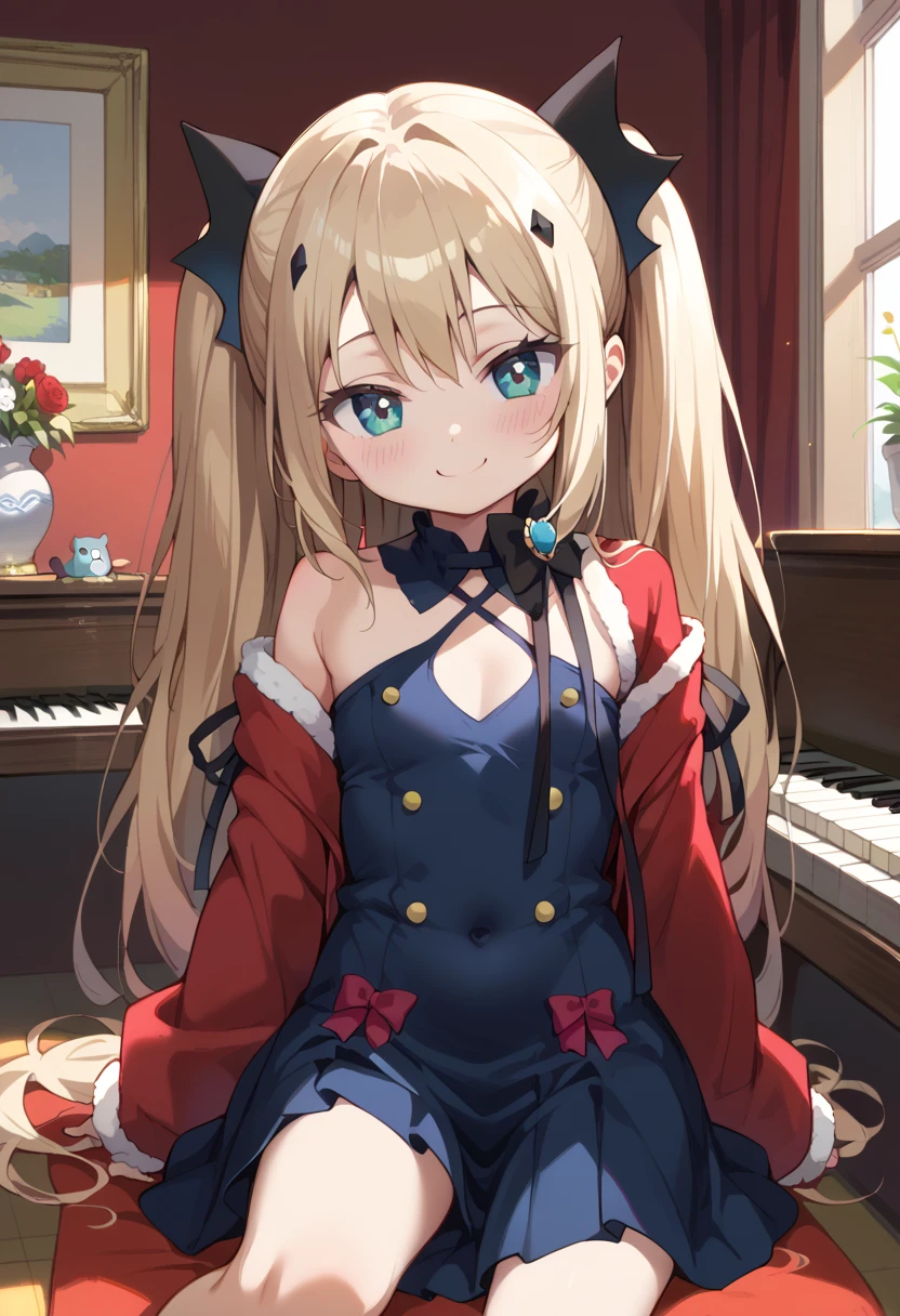 (( top quality )), ((masterpiece)), (be familiar with), perfect face, indoor, bedroom,  viewers because it's Shiragane in the middle of winter,
One woman, Krull Tepesi ,
開いた口,  ecstatic expression beside the piano, blush, smile,
 small ,  flat chest, Young girl, Lori,  kids,  girl,
 long hair,  twin tails,
Leg spread,