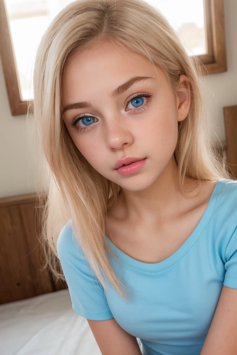 ((8k photo, RAW photo, best quality, ultra res, photorealistic)), (intricate details, masterpiece, hyper-realistic, ultra detailed, 1girl, solo), a photo of a (platinum blonde hair), (light blue eyes), young white girl, ((young girl, girl, tween girl, li)), in (short sleeves, t-shirt, scoop neck, shorts), cleavage, large breasts, ((short, youthful body, youthful face, young body, young face, petite)), (closed mouth, thick lips, full lips, cupid's bow lips), full makeup, (pink lips), showing her face, very sexy outfit, jaw-dropping beauty, seductive look at the camera, sexy young girl, beautiful girl, cute face, innocent face, innocent look, seductive pose, (facing viewer)