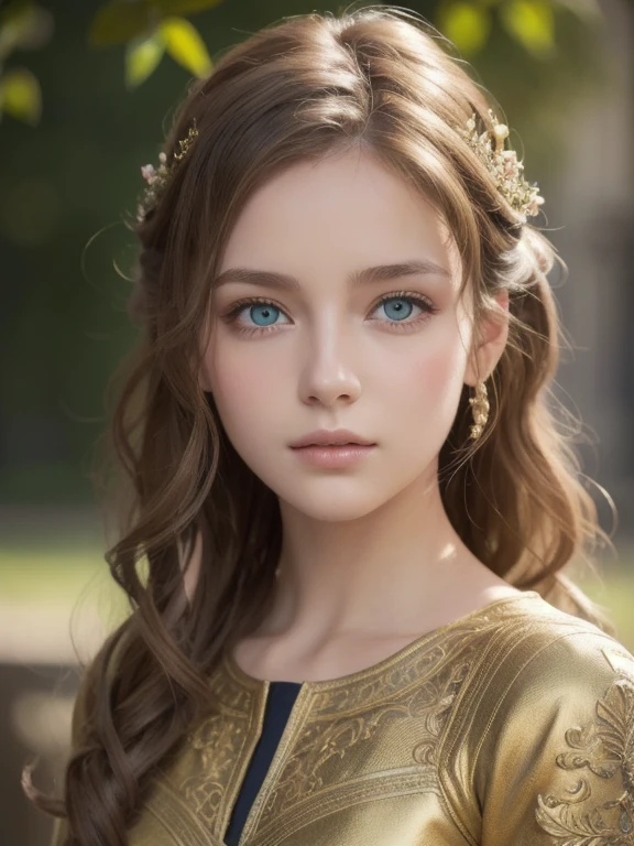  One Girl  , masterpiece, top quality , 8k,  detailed skin texture showing the cathedral, DETAILED CLOTH TEXTURE, beautiful detailed face photographed outdoors,  intricate details ,  ULTRA DETAIL , European style girl,  green eyes,  Golden curly hair 】,  3D character  ,  medieval knight 