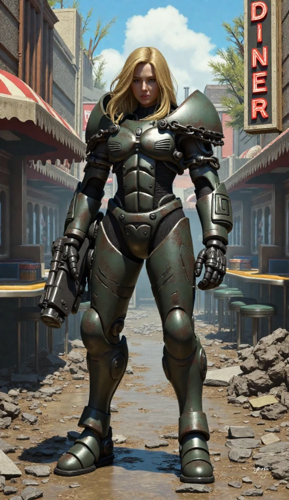 a woman with blonde hair wearing Midwest power armor standing in a ruined diner.