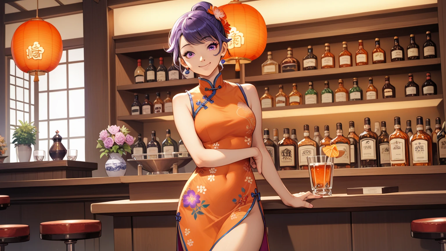 rating_safe, score_9, score_8_up, score_7_up, source_anime, masterpiece, best quality, solo, 1girl, wondering face, firm breasts(she is wearing orange hugging cheongsam and pastel purple floral) ( standing cross legs on bar counter, cowboy shot view) , lough bar Tokyo, (Japan), best quality, 8k,