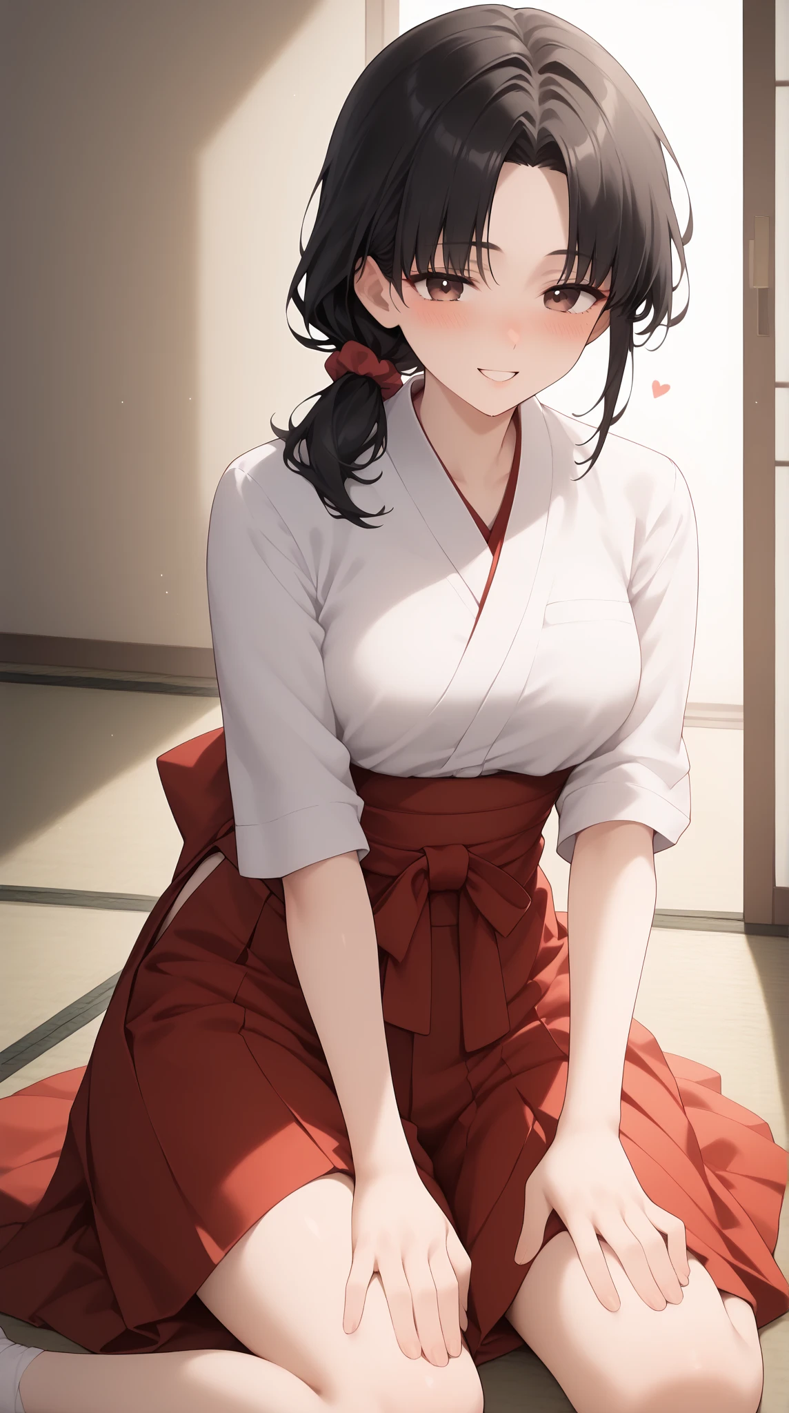score_9,score_8_up,score_7_up, Expressiveh, Maximum resolution 8K, (masterpiece), Very detailed, Professional, 1girl, solo, adult, Single Shot, cowboy shot, looking a view, black hair, low side ponytail, parted bangs, medium hair, red scrunchie, dark brown eyes, happy look, wholesome, calm, blush, jyojifuku, miko, red hakama, white skin, medium breast, inverted triangle figure, thick body, wariza, w sitting, hands on own knees, (perfect anatomy, perfect proportions, perfect figure:1.3), (background: tatami rooms),