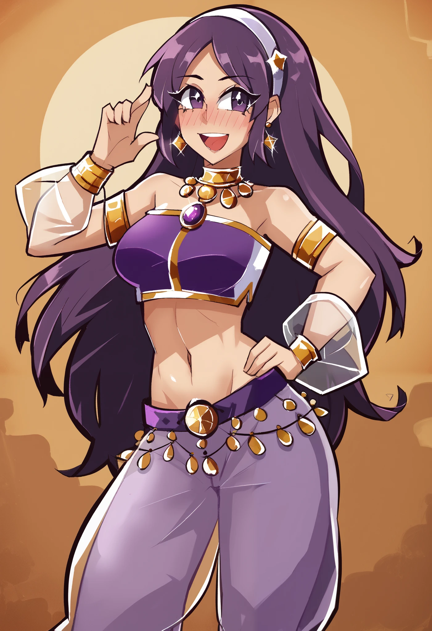 Masterpiece, best quality,ATHKOF2002, purple hair, long hair, purple eyes, white hairband, purple see-through harem pants,dancer, Arabian ornaments, jewellery, tube top,  blush, solo, seductive pose,cowboy shot,beautiful detailed face,one hand on hip,dbp,hentai, crotch,standing, blushing,happy