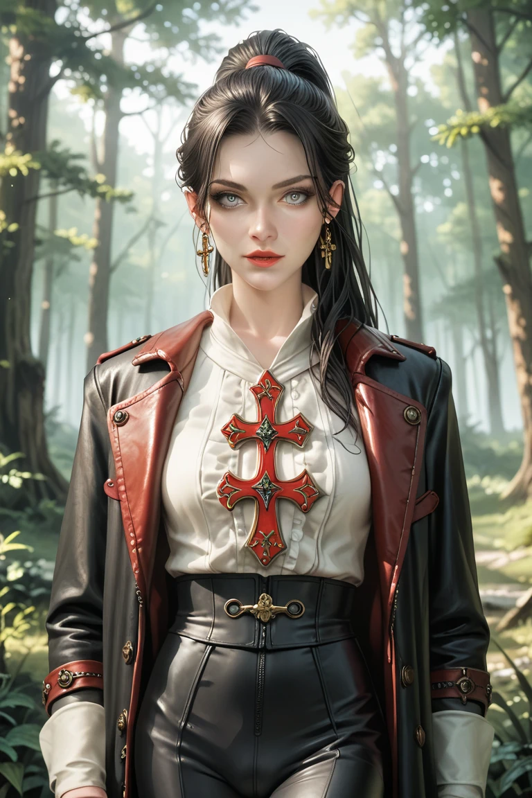 A young beautiful korean woman shemale, bulge, dark haired, pale skin, light grey eyes, long hairs, red lips, dressed, long black leather coat, leather pants, blouse, sword with sheath, cross bow, earring, vampire hunter style, renaissance style, no smile, high ponytail, calm look, dark forest by night landscape, delicate face, vampire hunter warrior, castlevania