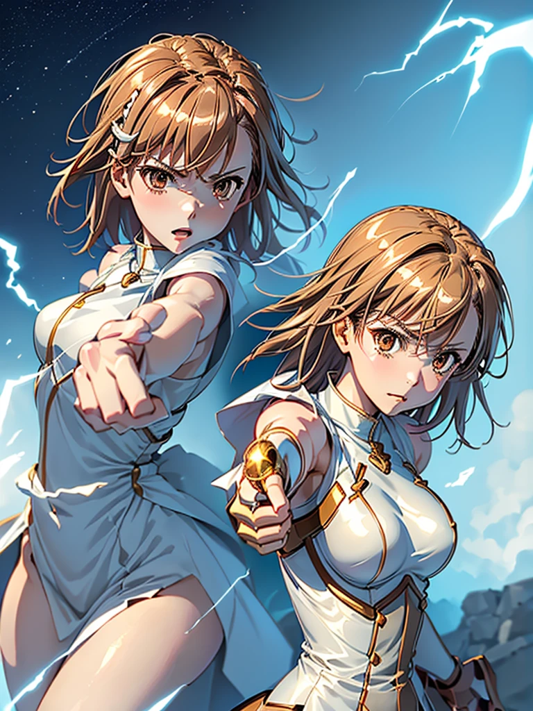 (highest quality)), ((masterpiece)), (((4K)))、, (((misaka mikoto 、Perfect Face,Shiny skin、Misaka Mikoto's clothes,Beautiful breasts,Shiny skin、)))Golden Eyes、night、Combat Stance、、Wearing a  aura、(((Finger gun、FIRE shooting from index finger)