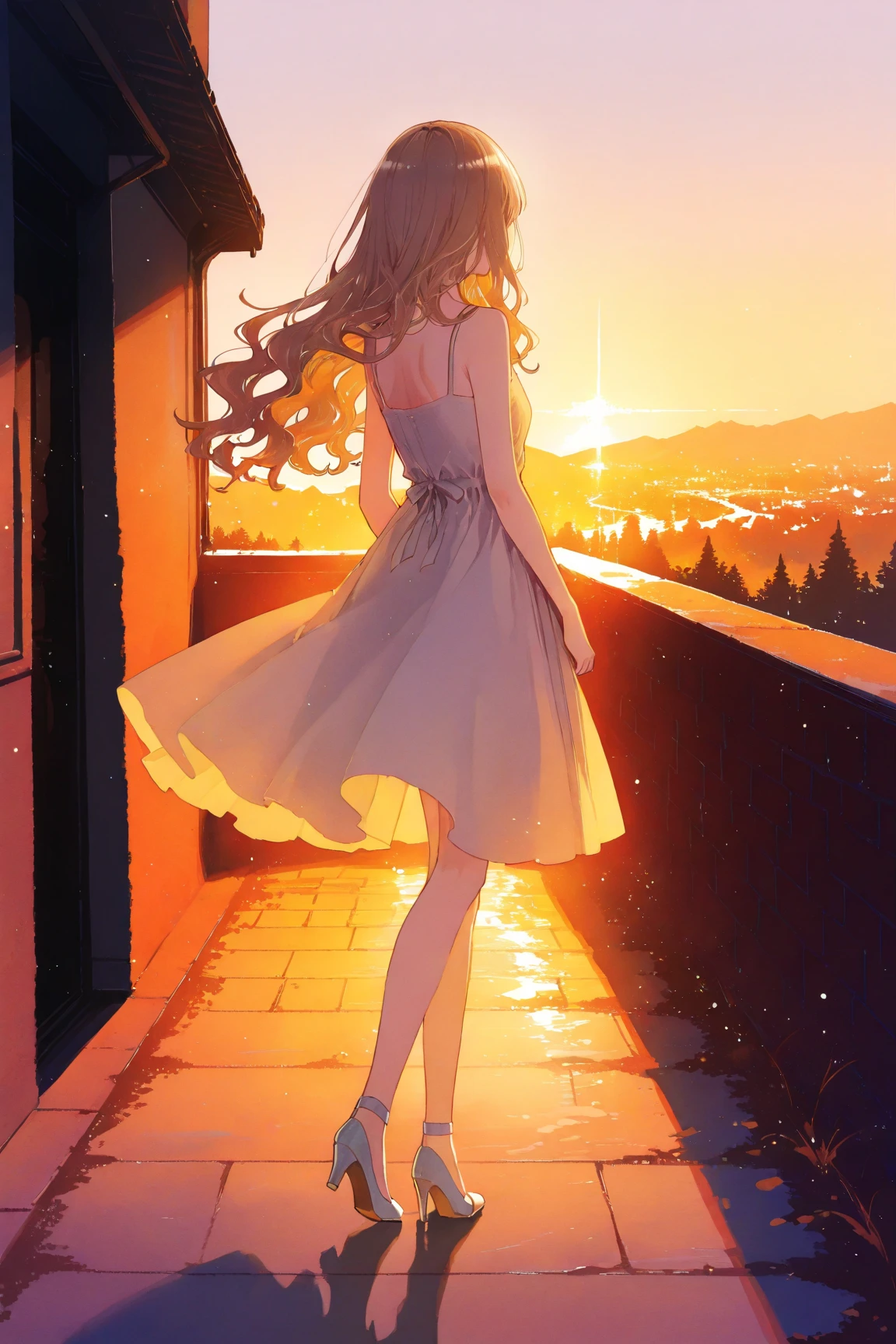 1girl,(faceless female),a young woman with light brown wavy hair, walking through an alley in croatia, back facing camera, cute sundress, high heels, long eyelashes, elegant, serene, ambient lighting, cinematic, landscape, warm colors, golden hour