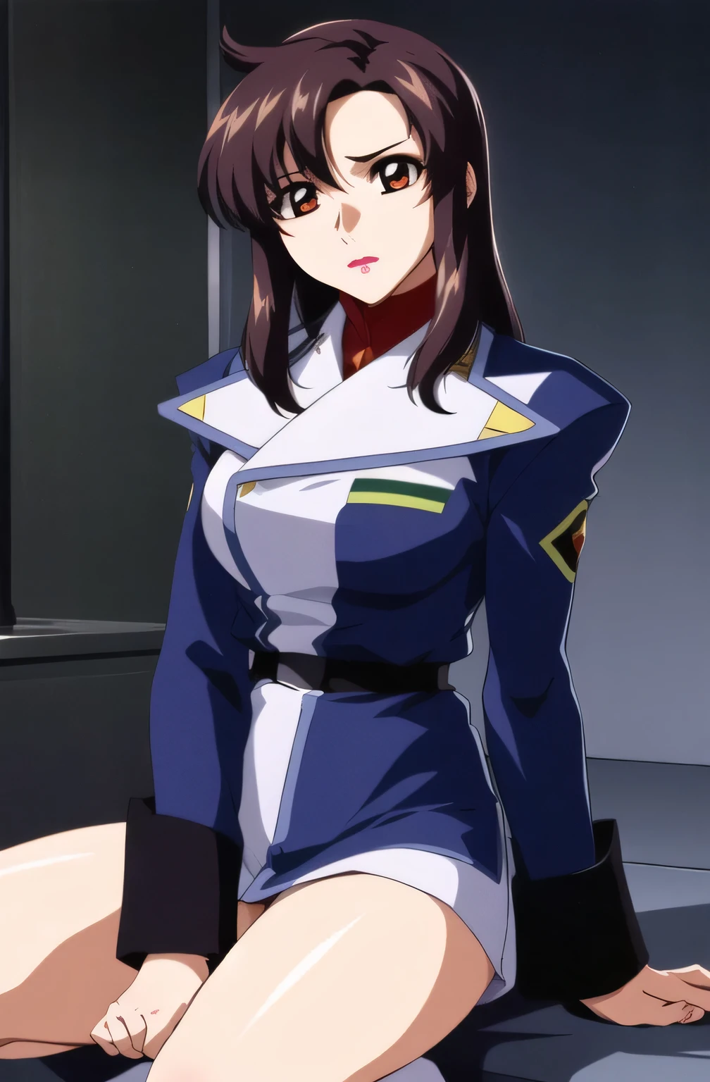 美しい, 傑作, 最高品質, 非常に詳細な顔, 完璧な照明, 1女の子, 一人で, yurika misumaru \(nadeshiko\), (20 year old woman), blue long hair, blue eyes, innocent big eyes, large breast, hat, white uniform, skirt suit, cape, gloves, pencil skirt, pantyhose, high heels,(((squatting))),((spread legs)),from front,front face,glamorous,curvy, Leggy,Tall,Statuesque,hanging breasts, 1 grandma,bashful, looking at viewer,(((panties under pantyhose))),black pantyhose,black stocking,(((white panty))),(nipple),