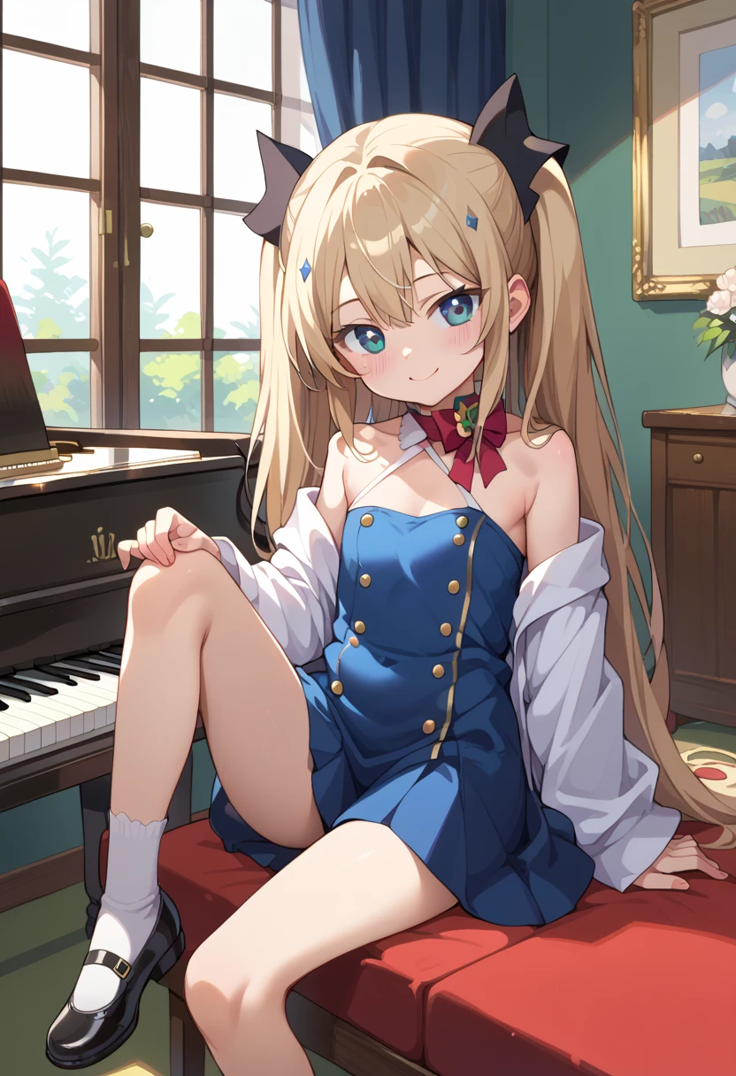 (( top quality )), ((masterpiece)), (be familiar with), perfect face, indoor, bedroom,  viewers because it's Shiragane in the middle of winter,
One woman, Krull Tepesi ,
開いた口,  ecstatic expression beside the piano, blush, smile,
 small ,  flat chest, Young girl, Lori,  kids,  girl,
 long hair,  twin tails,
Leg spread,