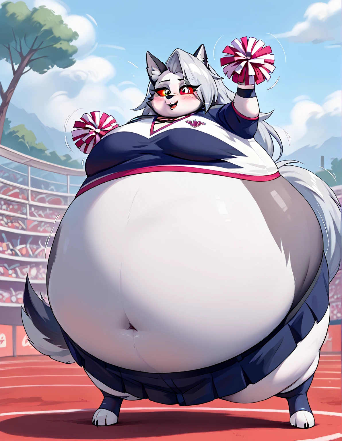 score_9,score_8_up,score_7_up, source_cartoon, source_furry, loona from helluva boss, hellhound, long white hair, ((hair in pony tail)):1.4, pink scrunchy, white eyes, red sclera, wearing pink cheerleaders outfit, outdoors, holding pink Pom poms, obese, blush, balloon body, sunken limbs 