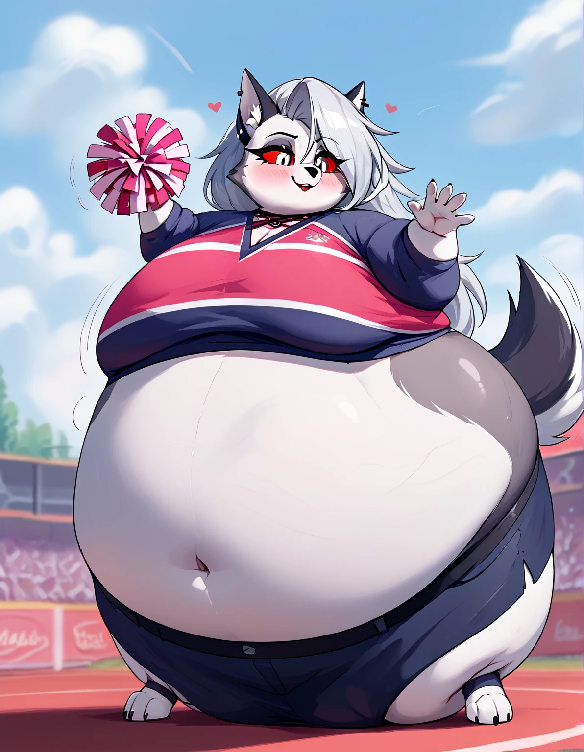 score_9,score_8_up,score_7_up, source_cartoon, source_furry, loona from helluva boss, hellhound, long white hair, ((hair in pony tail)):1.4, pink scrunchy, white eyes, red sclera, wearing pink cheerleaders outfit, outdoors, holding pink Pom poms, obese, blush, balloon body, sunken limbs 