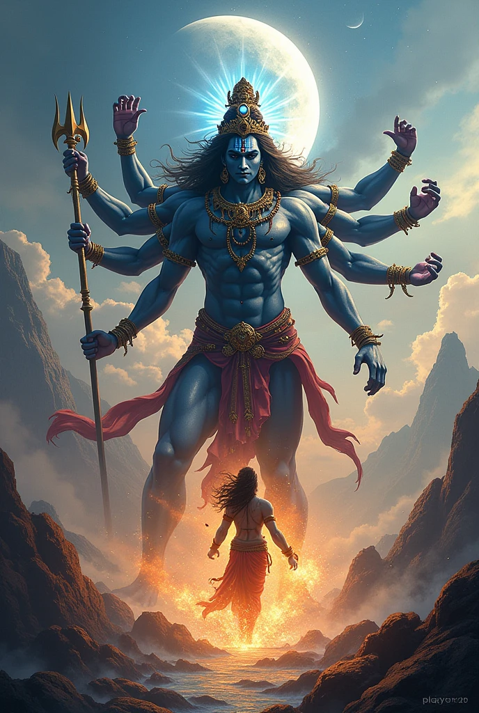 Shankar Bhagwan&#39;s length from earth to interior is 10 hands, Trishul in one hand, Earth in one hand, Mangal planet in one hand, Surya Dev in other hand, Shankar Bhagwan taking out a huge snake from his neck, Shankar Bhagwan&#39;s third eye is open, Vishnu Bhagwan standing on Sheshnag and shining, touching his lap, Brahma Ji sitting on lotus flower, saluting Shankar Bhagwan with folded hands, 10000 gods standing touching the lap of Shankar Bhagwan