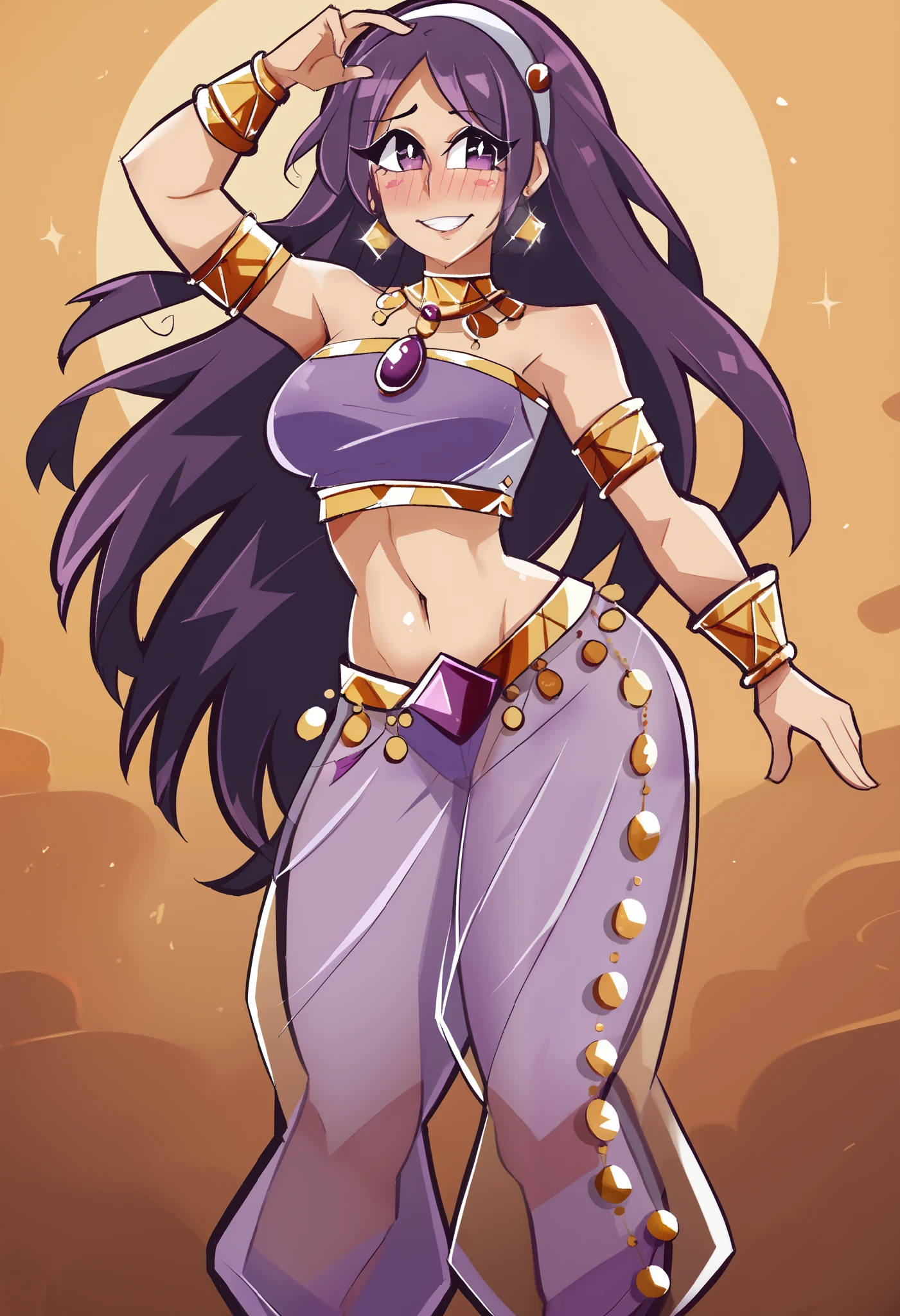 Masterpiece, best quality,ATHKOF2002, purple hair, long hair, purple eyes, white hairband, purple see-through harem pants,dancer, Arabian ornaments, jewellery, tube top,  blush, solo, seductive pose,cowboy shot,beautiful detailed face, belly dancing,dbp,hentai, crotch, blushing,happy