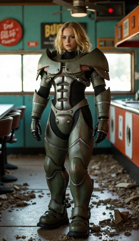 a woman with blonde hair wearing Midwest power armor standing in a ruined diner.