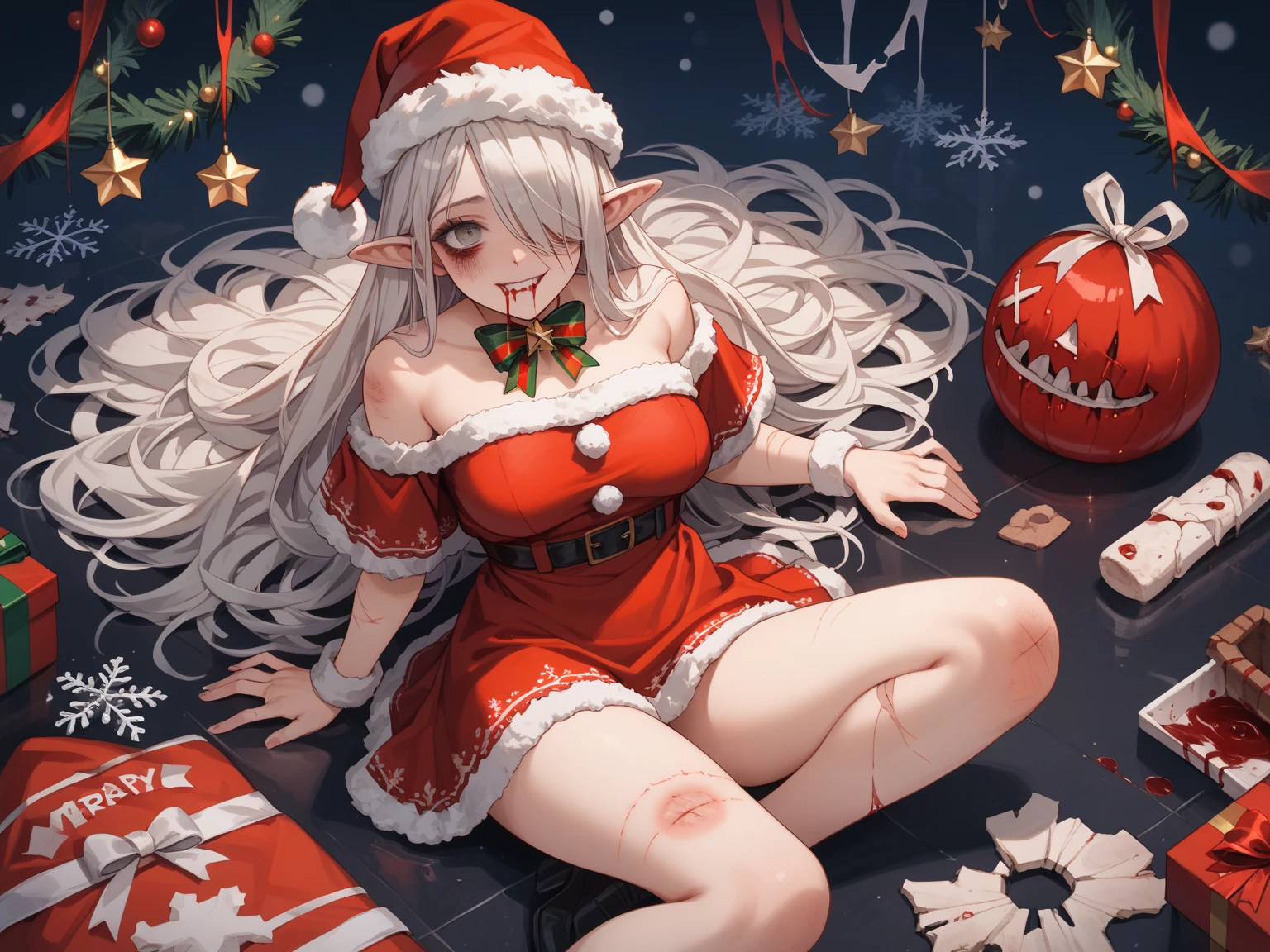 Woman, long white hair, blue eyes, Santa