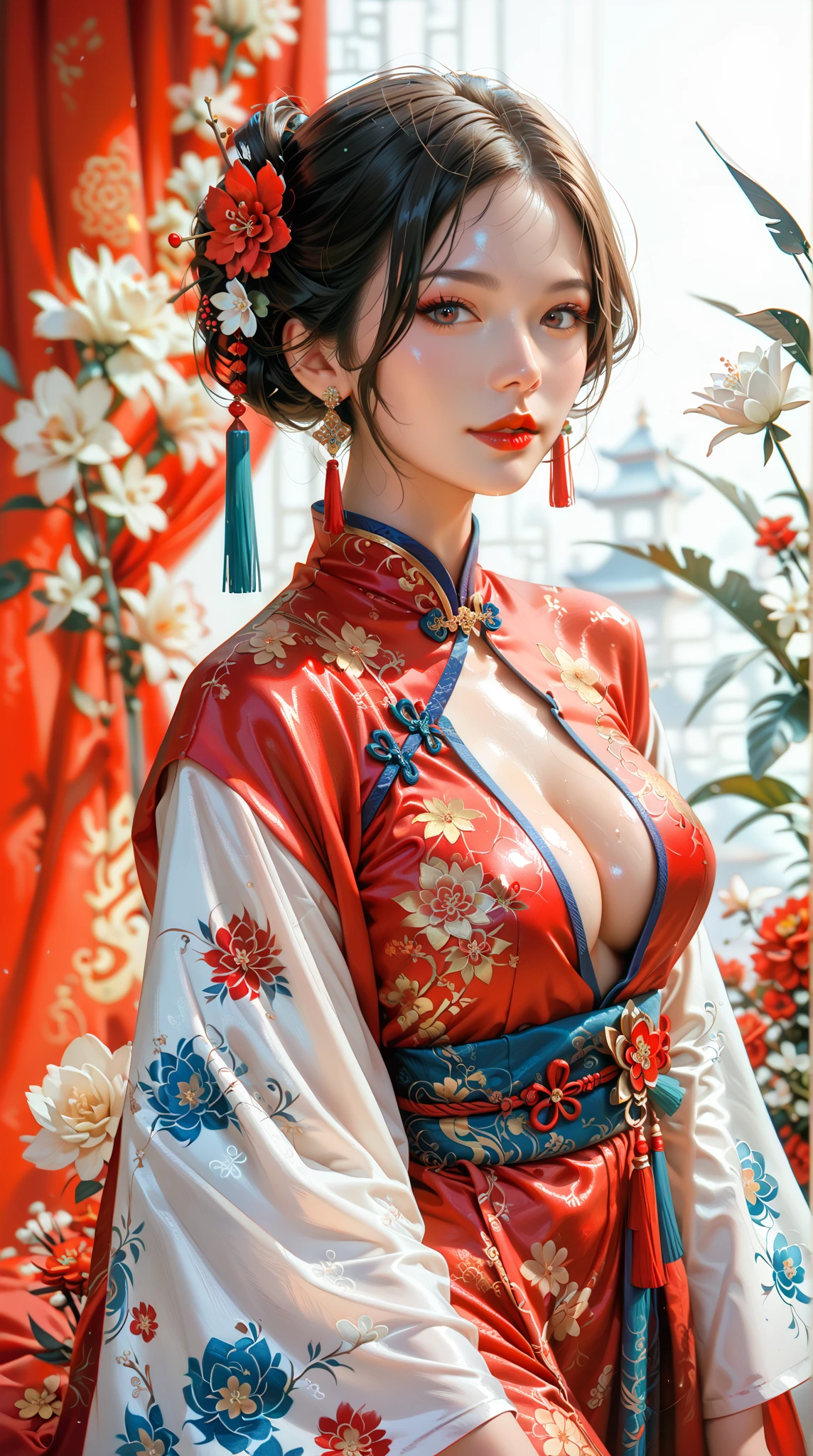 A traditional Chinese courtesan from ancient times. She's beautifully dressed in an exquisite hanfu, with numerous intricate hair ornaments adorning her elaborately styled dark hair. Her face is perfectly round, with delicate features and heavy makeup highlighting her eyes and lips. standing gracefully in a room adorned with classical Chinese art and furniture. (underboob cutout:1.5,partially_undressed:1.5)