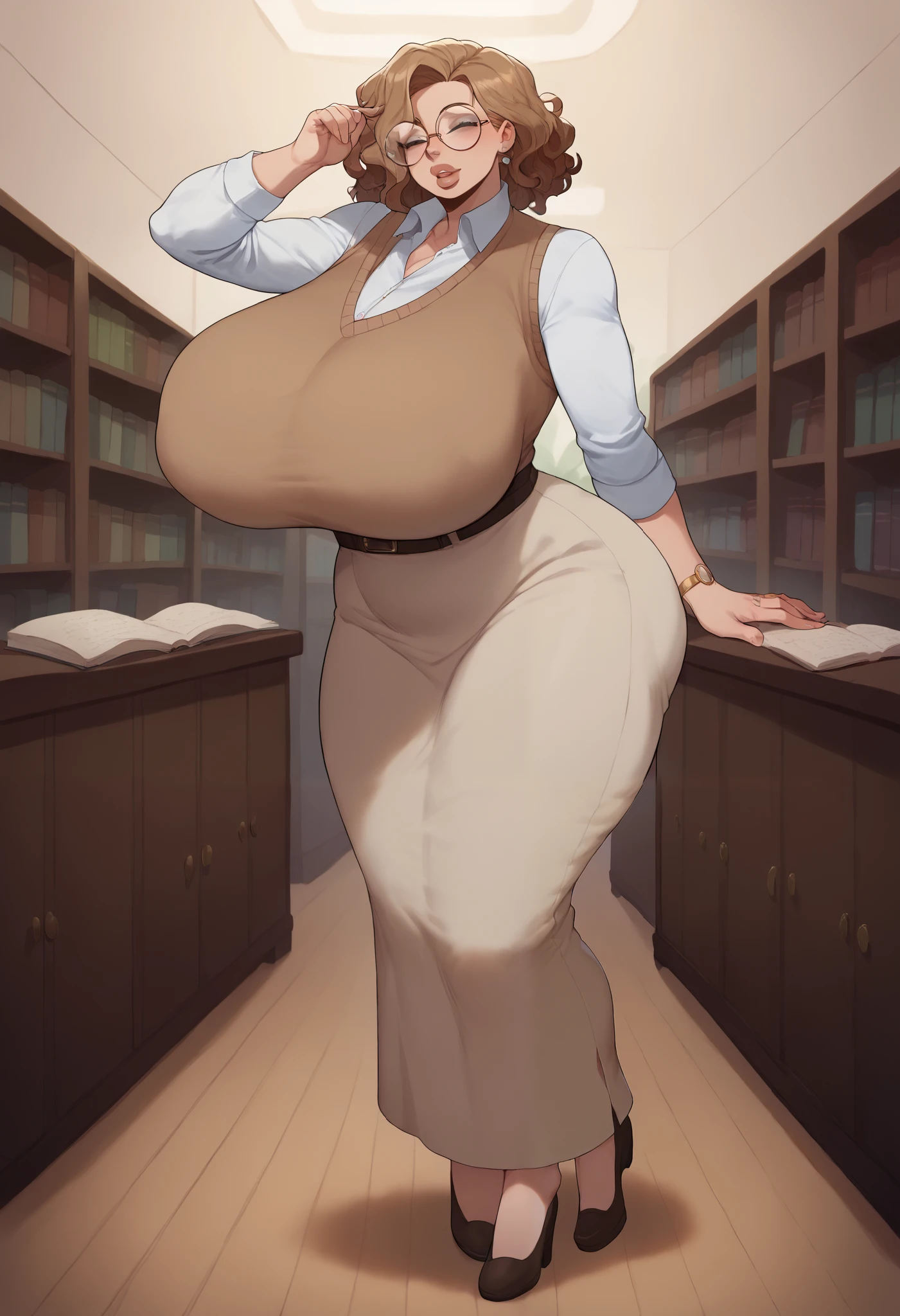 full body, Milf, middle aged italian woman, high cheekbones, middle parted hair, wavy bob hair, light brown hair, big lips, glossy nude lips, pale skin, tall, curvaceous, wide hips, massive breasts, huge ass, beige sweater dress, brown vest, large round glasses, library background