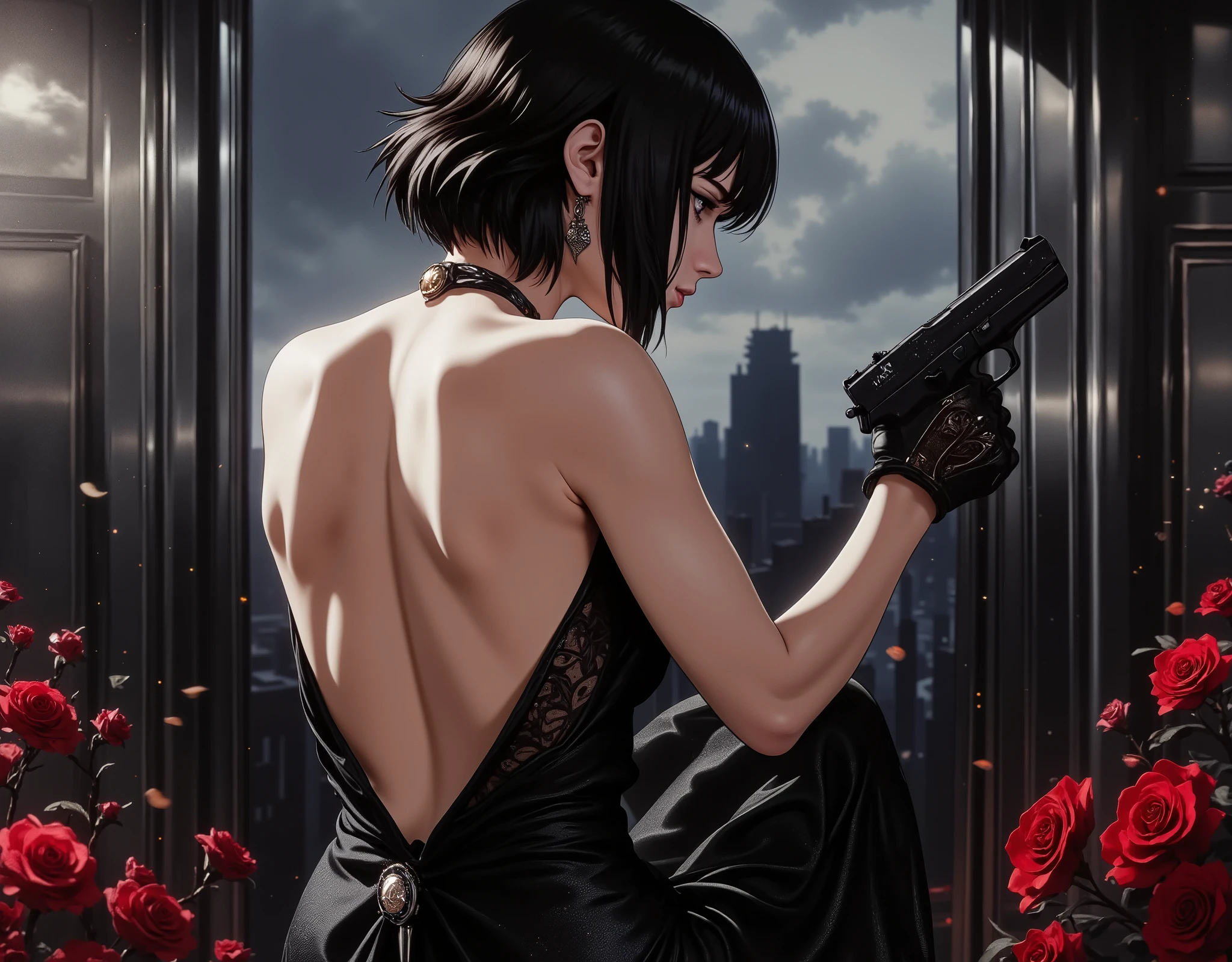 (masterpiece:1.2,EXCEPTIONAL QUALITY ,Mirror Finish , Cinematic Experience),8k,16k, wallpaper,( backless dress:2.0),( Female Assassin :2.0),( Black Dress with Empty Back :2.0),( and hold up your gun:2.0),(Nikita Style :2.0),( sexy:2.0),( back view:2.0),( Turn Around :2.0),(Short Hair:2.0),( beautiful women:2.0),(風に揺れる髪の毛)