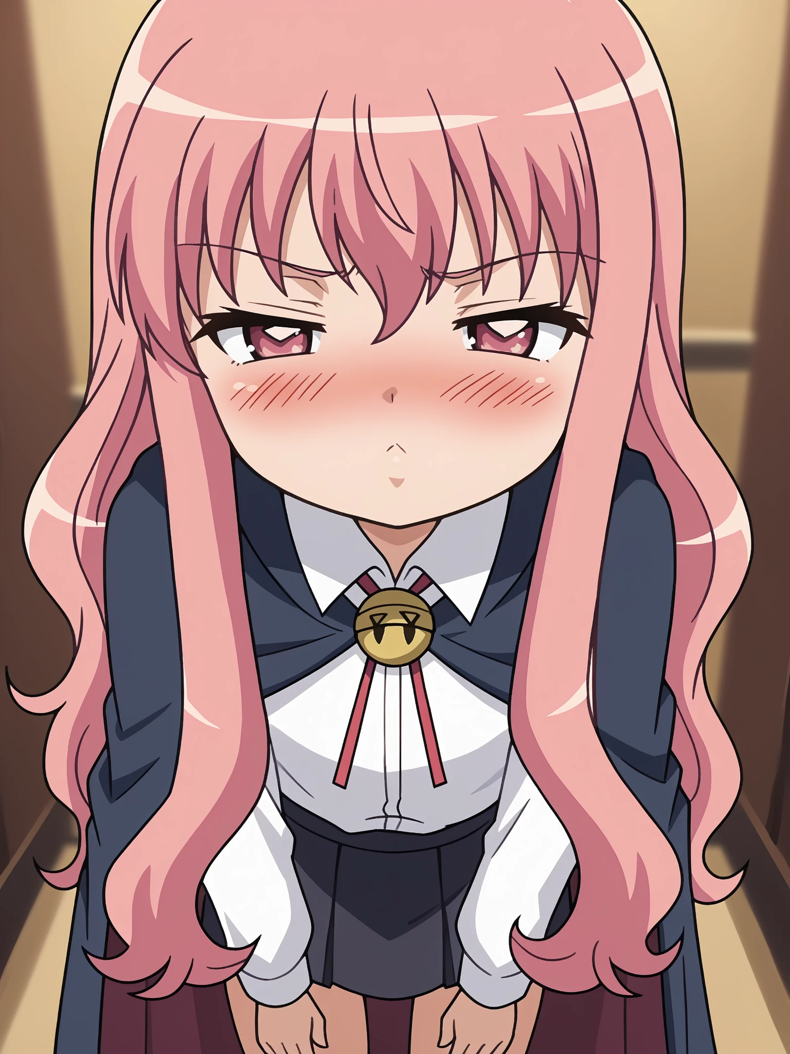 score_9, score_8_ up, score_7_ up,  Source_Anime, (((flat color, Vector art))),
 Louise Françoise Le Blanc de la Vallière, Louise Francoise Le Blanc de La Valliere,  long hair,  pink hair, pink eye, side lock,
 skirt ,  thighs, Cape,  absolute domain,  Long Sleeve ,  shirt, white  shirt, collared  shirt, 
indoor, (((((, Petite, Short stature, 120cm, Very cute face))))), (((very flat chest))),
indoor, ((( standing))), (((throw, face focus, face close up, looking at viewer,  half-closed eyes, incoming kiss, blush))),