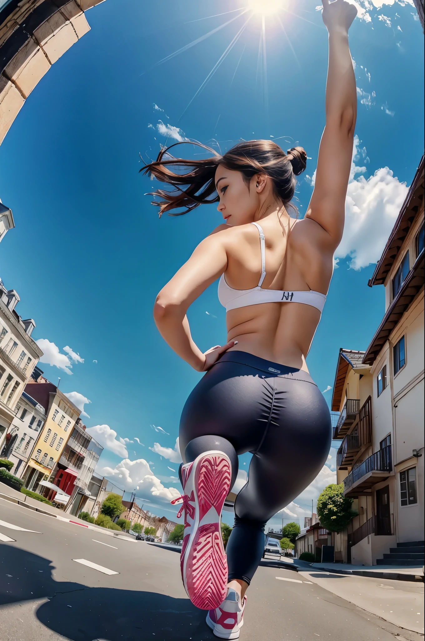 （Ultra-high definition images、Full live-action version、 top quality 、 Photorealistic、 Highest Masterpieces、 Draw realistically accurately with detailed details）、（ draw one of the cutest and sexiest beautiful girls 、 white clouds on a clear sky with the sun shining 、Beautiful City、 walking 、Dark gray leggings 、Yoga pants、 pink and white sneakers）、（ take a picture of the girl's whole body from the ground 、 above him、 fisheye lens、 draw the back of the sneakers realistically and accurately ）、（ Draw a beautiful face looked up from below realistically and accurately、 fisheye lens）、（Rear view、 nice butt、 realistically and accurately draw shoes seen from behind）､( well-prepared face、Beautiful profile、 have big eyes and a tall nose)