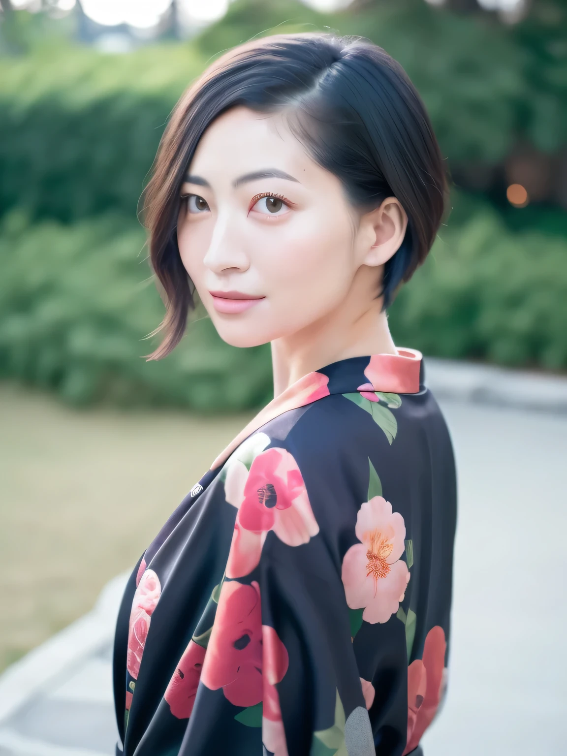 A breathtakingly beautiful 20-year-old woman with a slender physique, dressed in an elegant and luxurious black and red kimono suitable for the Japanese New Year. The background showcases a serene sunrise on New Year's Day, with a traditional Japanese shrine, snow-covered grounds, and vibrant red camellias in full bloom. The scene captures a harmonious blend of traditional beauty and the peaceful atmosphere of a snowy New Year's morning. smiles gently, FRIENDLY. smiles gently, FRIENDLY. ( RAW photos , top quality ), ( realistic , photo- realistic :1.4), masterpiece, extremely delicate and beautiful, extremely detailed, 2k wallpaper, amazing on the beach, Detailed description, extremely detailed CG unity 8k wallpaper, ULTRA DETAIL, high res, Soft light, beautiful detailed girl looking back, extremely detailed eyes and face, beautiful detailed nose, beautiful detailed eyes, cinematic lighting, Perfect Anatomy, slender body.