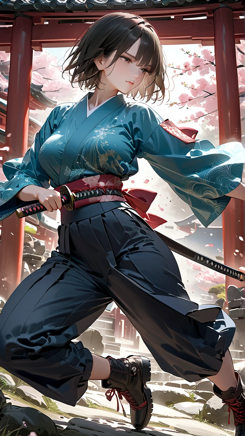 (4k, 8k, masterpiece:1.2), ultra-high-res, (extremely detailed:1.3), dynamic pose, perfect anatomy, (intricate line work:1.3), sharp focus, (digital painting), (vivid colors:1.3), (masterful lighting:1.3), expressive, captivating eyes, Japanese warrior woman, traditional samurai-inspired attire, cerulean yukata with billowing sleeves, (dark, messy short hair), (black hair), intense gaze, dark brown eyes, (pale skin), large breast, athletic, hourglass physique, (loose-fitting hakama-style pants), dynamic movement, katana in hand with glowing energy, combat boots with red laces, (cinematic lighting), (dramatic atmosphere), shrine maiden with a tomboy edge, poised for battle, shrine setting with Japanese architecture in the background, cherry blossoms subtly falling in the wind, cinematic depth of field, glowing aura around the katana, (soft bokeh of traditional Japan), atmospheric, moody, stylized realism, (Marvel Cinematic Universe style), detailed armor accessories, (inspired by Atey Ghailan, Jeremy Mann, and Greg Rutkowski