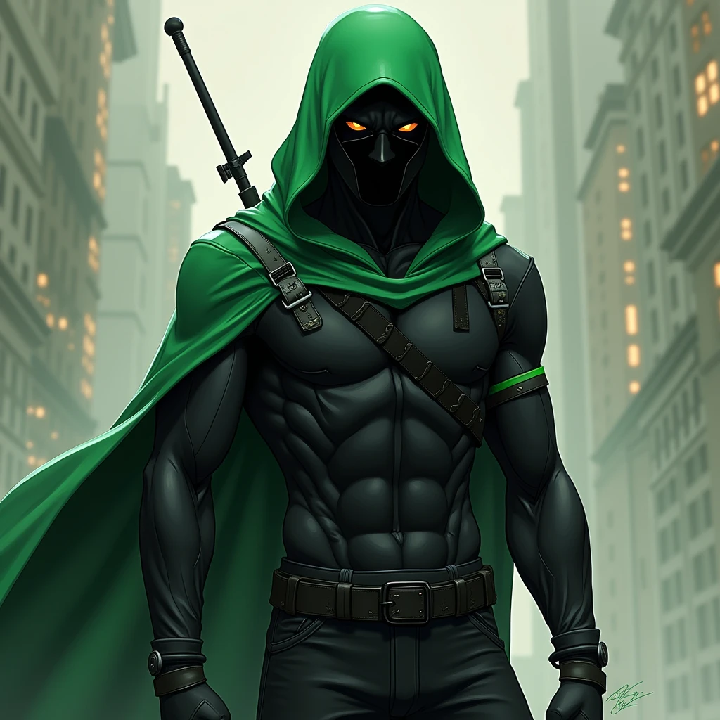Human man in green hood, with mysterious and dark face, eyes with radiant green lights, luminous scenery in the background,naked