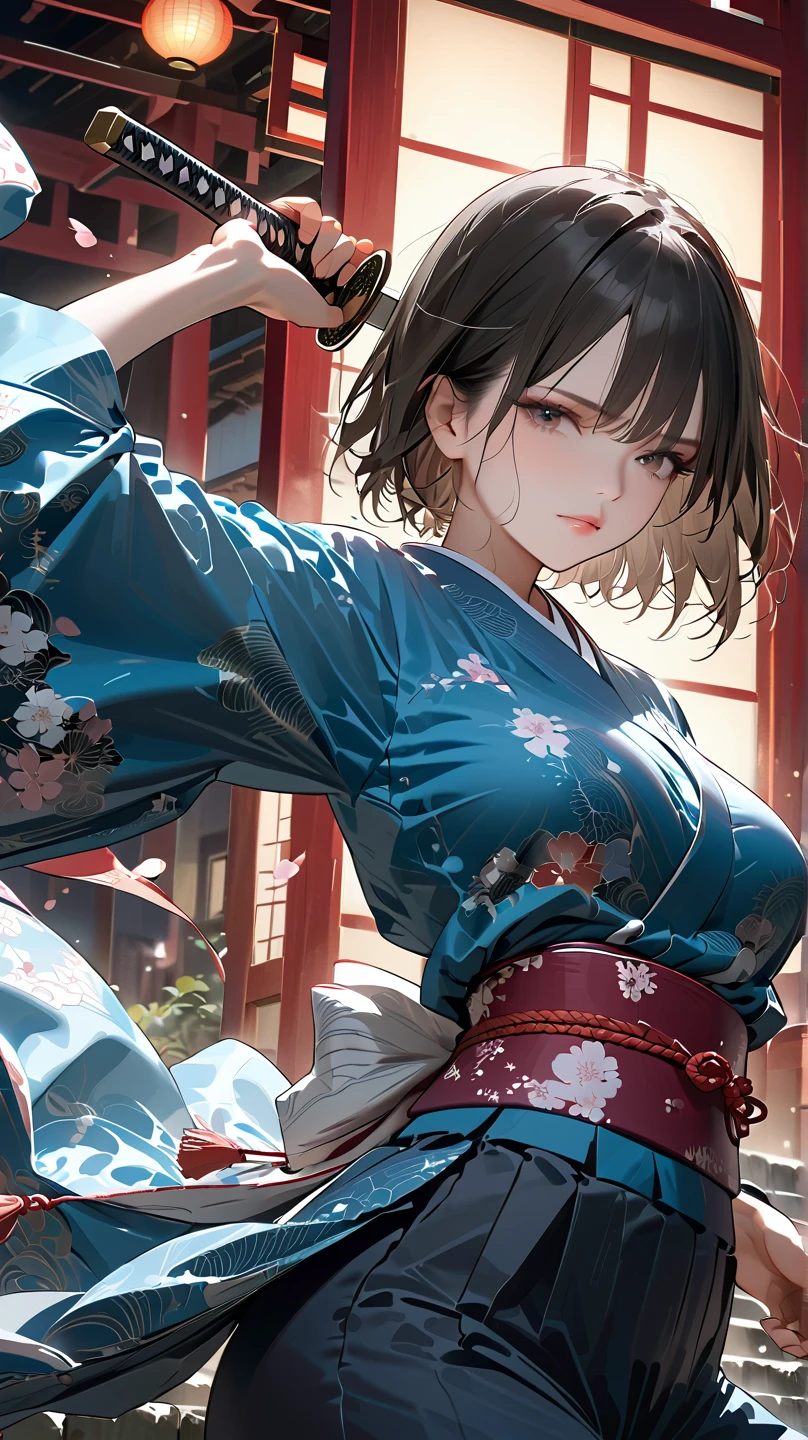 (4k, 8k, masterpiece:1.2), ultra-high-res, (extremely detailed:1.3), dynamic pose, perfect anatomy, (intricate line work:1.3), sharp focus, (digital painting), (vivid colors:1.3), (masterful lighting:1.3), expressive, captivating eyes, Japanese warrior woman, traditional samurai-inspired attire, cerulean yukata with billowing sleeves, (dark, messy short hair), (black hair), intense gaze, dark brown eyes, (pale skin), large breast, athletic, hourglass physique, (loose-fitting hakama-style pants), dynamic movement, katana in hand with glowing energy, combat boots with red laces, (cinematic lighting), (dramatic atmosphere), shrine maiden with a tomboy edge, poised for battle, shrine setting with Japanese architecture in the background, cherry blossoms subtly falling in the wind, cinematic depth of field, glowing aura around the katana, (soft bokeh of traditional Japan), atmospheric, moody, stylized realism, (Marvel Cinematic Universe style), detailed armor accessories, (inspired by Atey Ghailan, Jeremy Mann, and Greg Rutkowski