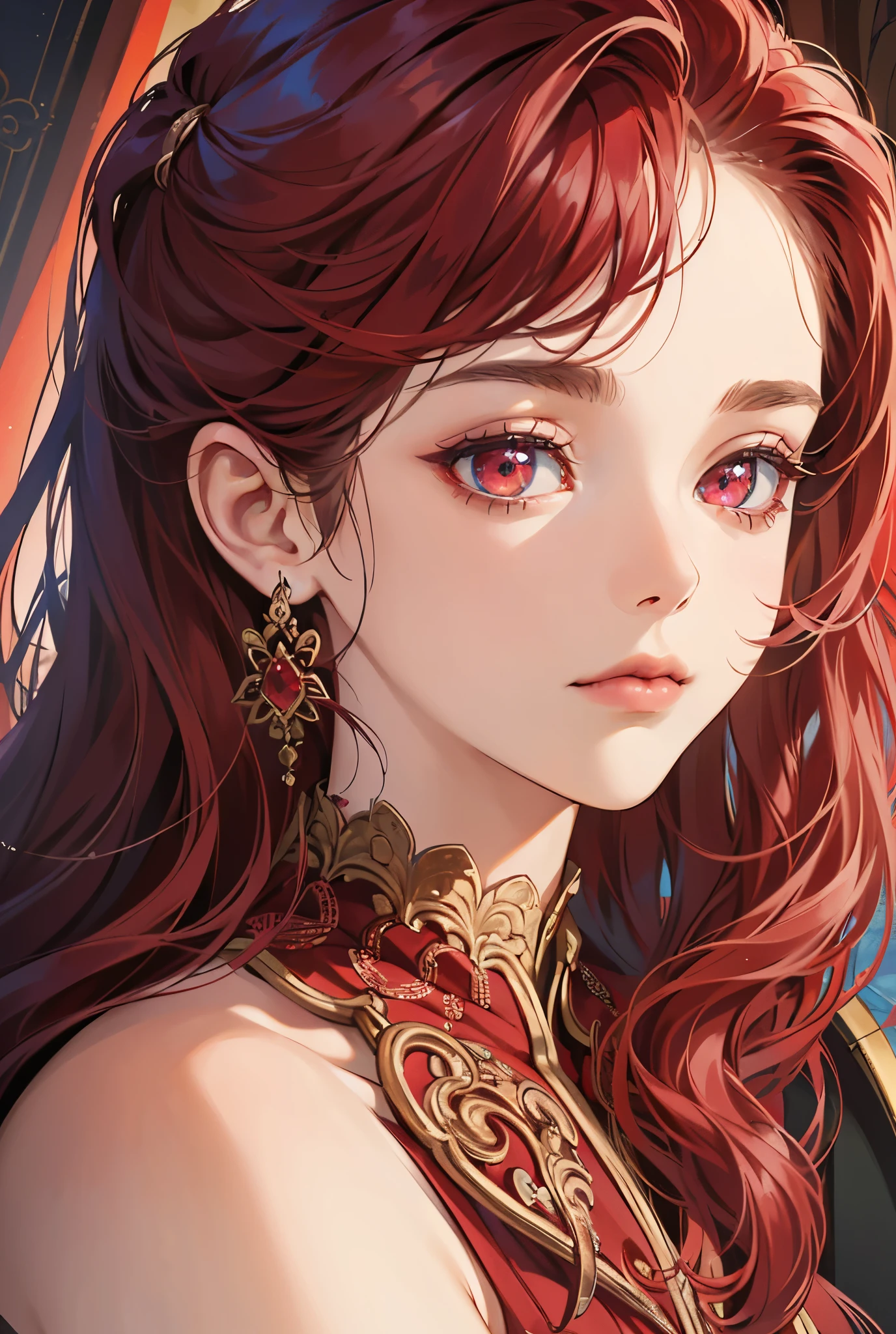 Anime girl with red hair and blue eyes in a red dress - SeaArt AI
