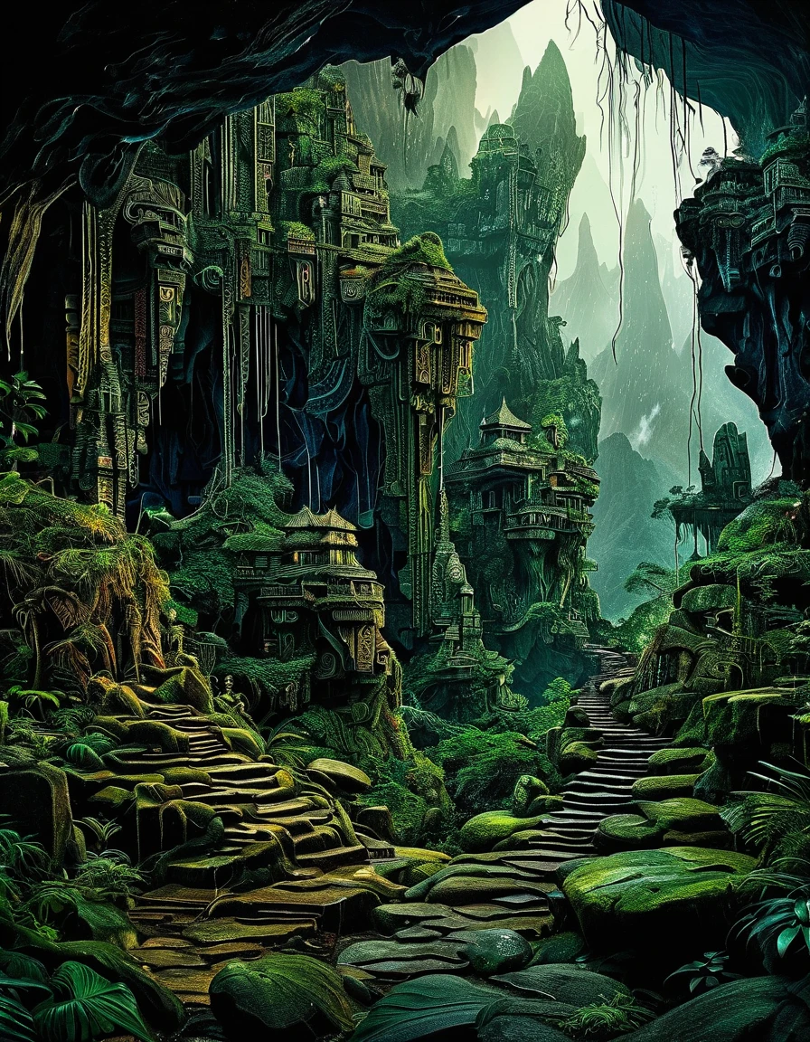 The Underworld primordial rain-forest, rocky mountainous terrain, ominous rock paintings, jagged rock formations, tribal rock paintings, futurist dark valley in ruin, evil creatures, hr giger, mcescher, highres, ultra-detailed, surreal, dark tones, intricate details, mysterious ambiance, atmospheric lighting, HDR technique, capturing texture, shadow interplay, natural light, dynamic range, ultra clear. 