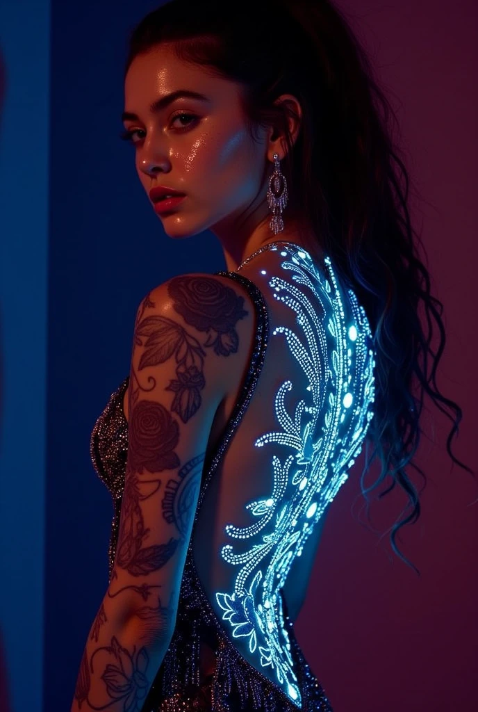 Mario Sorrenti-inspired backless dress adorned with intricate Ed Hardy Bio-luminescence tattoo featuring eye motif, rhinestones, and embroidery, model gazing into the camera with a dramatic cinematic half-turn of her head and rear view, 32k DSLR photograph, Canon optics, ultra-realistic, breathtaking masterpiece with ultra fine, ultra detailed textures, pure perfection, high resolution, high quality