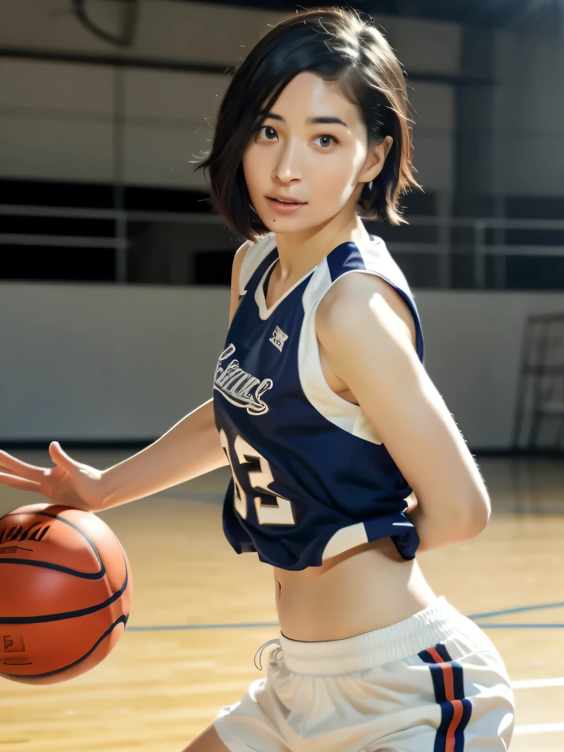 A young female basketball player executing a dynamic jump shot with precision and grace. The basketball is held firmly in both hands as she aims for the hoop, her form exuding confidence and mastery. Her slim-fit basketball uniform highlights her athletic build, while black high socks and matching sneakers provide a sleek and modern look. Her neatly braided black hair arcs through the air as she leaps, with her intense black eyes fixed firmly on the goal. The polished wooden floor of the brightly lit gymnasium reflects the action, emphasizing the energy, elegance, and competitive spirit of the moment. smiles gently, FRIENDLY. ( RAW photos , top quality ), ( realistic , photo- realistic :1.4), masterpiece, extremely delicate and beautiful, extremely detailed, 2k wallpaper, amazing on the beach, Detailed description, extremely detailed CG unity 8k wallpaper, ULTRA DETAIL, high res, Soft light, beautiful detailed girl looking back, extremely detailed eyes and face, beautiful detailed nose, beautiful detailed eyes, cinematic lighting, Perfect Anatomy, slender body.