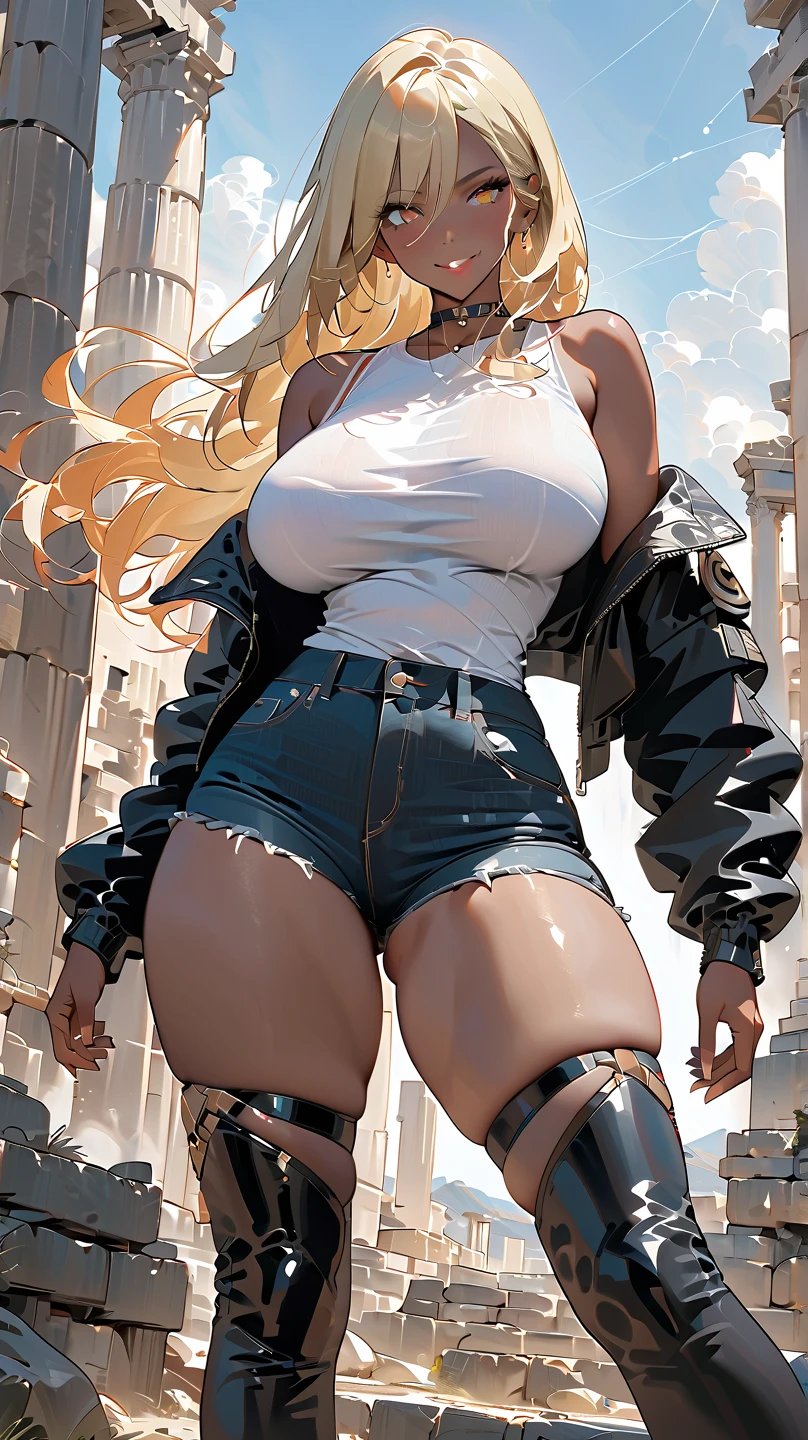 ((Masterpiece: 1.4, Best Quality)), (Ultra Detail, 8 Looks, High Resolution, Film Style), Collarbone, Gloves, Navel, Jeans, Chain, Open Legs, Long Hair, Blonde, Looking at the Audience, 1 Girl, Nun,, Knife Held, Battle Damage,