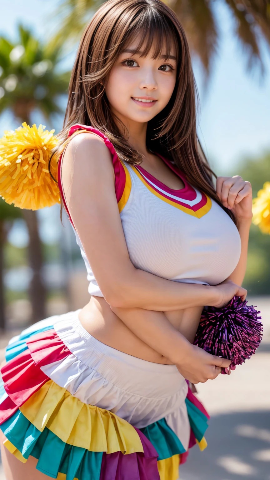 (in 8K, 超A high resolution, Best Quality, masutepiece:1.1),(18year old:1.1)、in 8K、RAW portrait of japanese girl、Photorealsitic、超A high resolution、top-quality、hi-school girl、(Cheerleading Club、Cheerleader Uniforms、I can see my panties、quite massive chest、Pretty big breasts、Miniskirt that flutters quite a bit in the wind、up skirt panties:1.6)(Black hair long hair、dance、Lively dance、Mature and beautiful face:1.2)、Cute smile、espadrilles、High School Lawn Ground