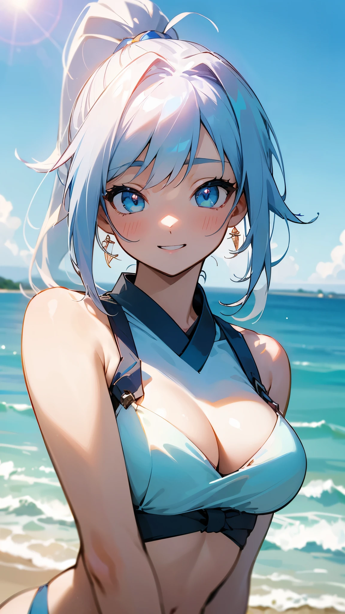 (masterpiece: 1.2, Highest quality), (Actual Photos, Intricate details), 1. woman, alone, Upper Body, casual, Shoulder-length hair, Minimal makeup, Natural materials, Face close-up, smile, Home, Long white hair、blue eyes, Shoulder Bare、Smiling with teeth showing、((bikini、Swimwear))、((blue eyes))、Save face image、((Stick your butt out))